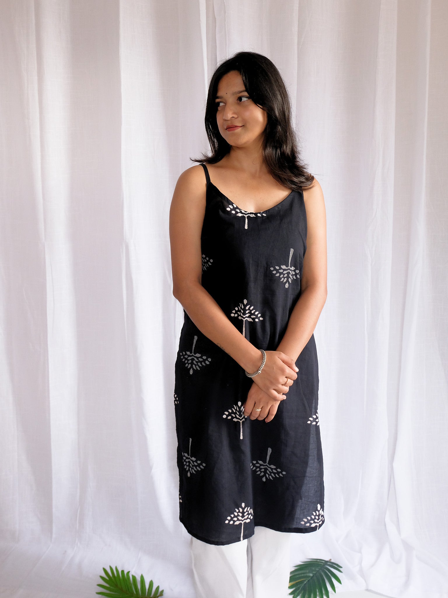 Ira Black Long Floral Block Print Cotton Kurti with Chuppi