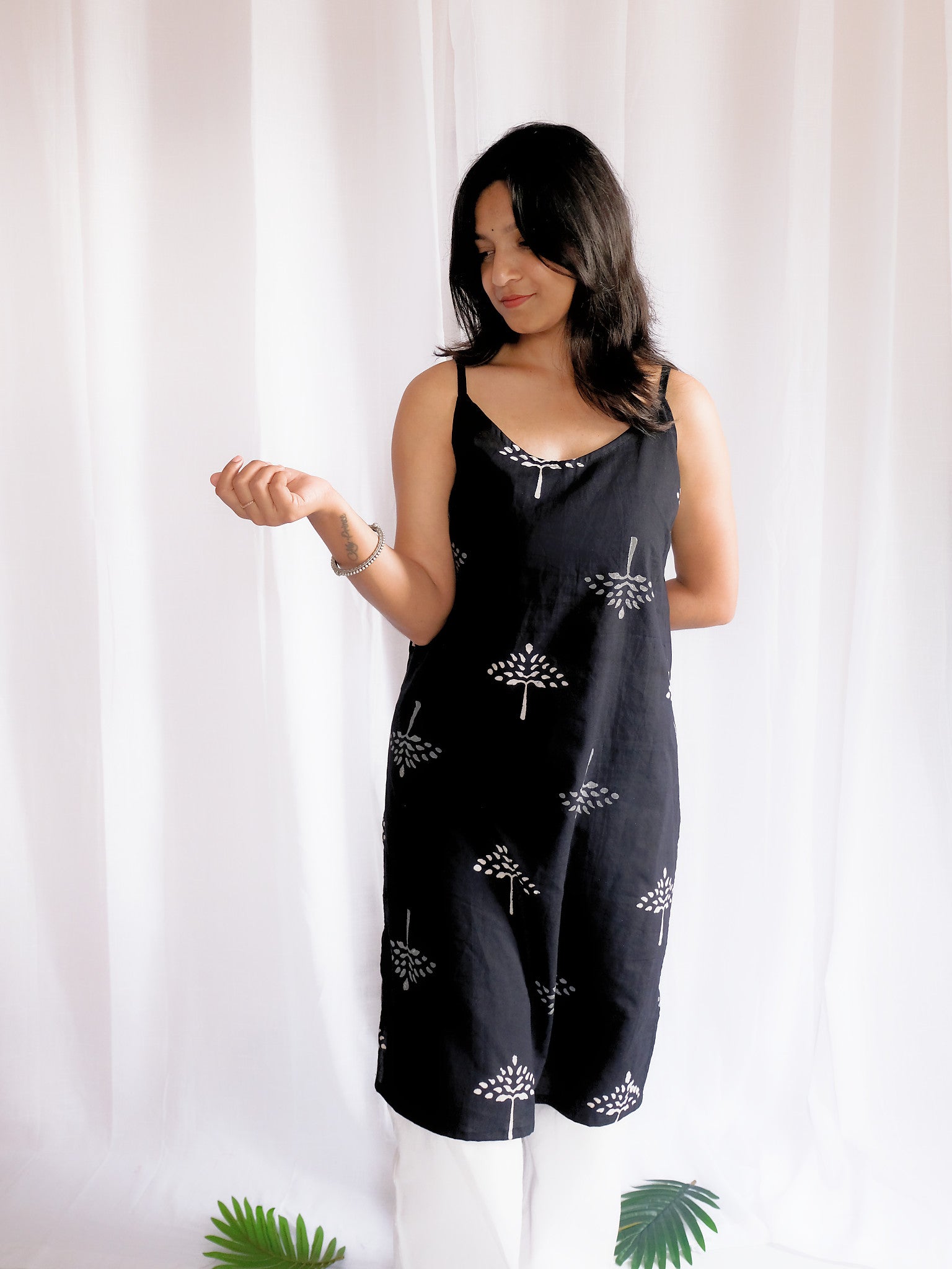 Ira Black Long Floral Block Print Cotton Kurti with Chuppi