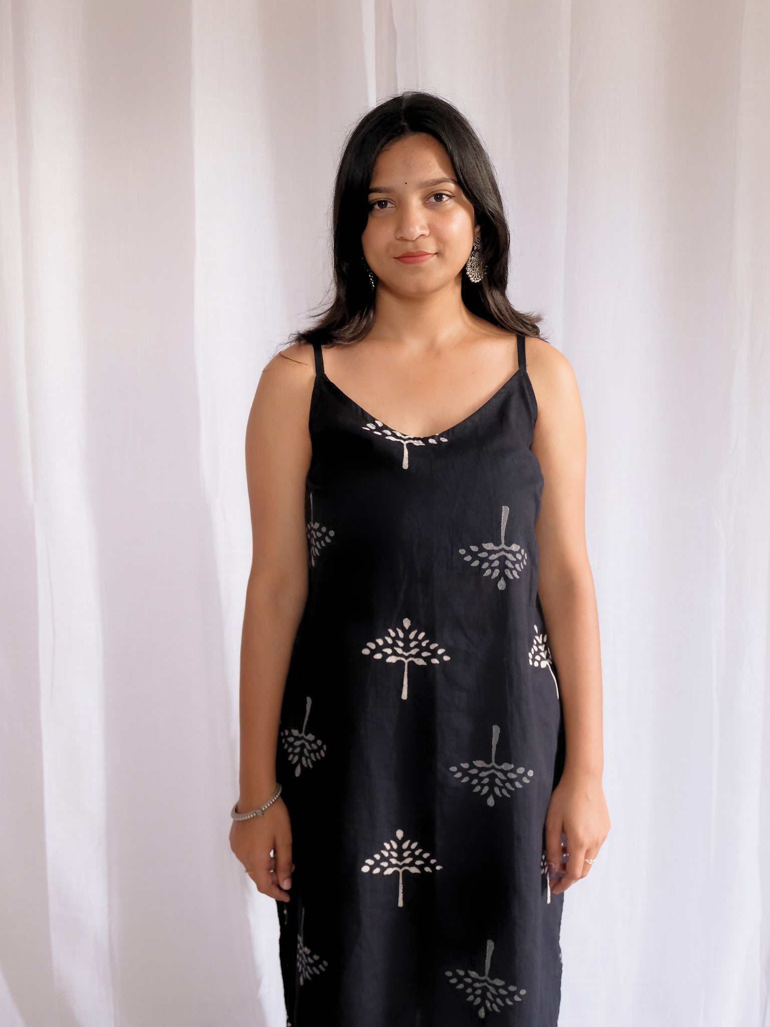 Ira Black Long Floral Block Print Cotton Kurti with Chuppi