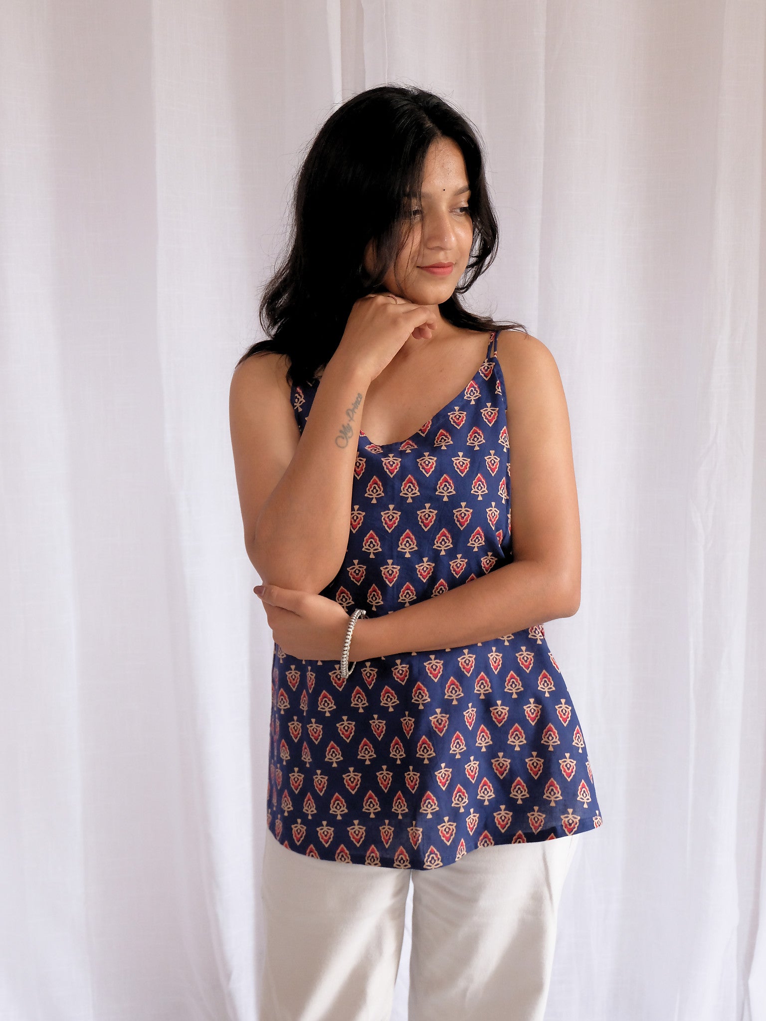 Aarna Blue Spade Motif Block Print Cotton Kurti with Chuppi