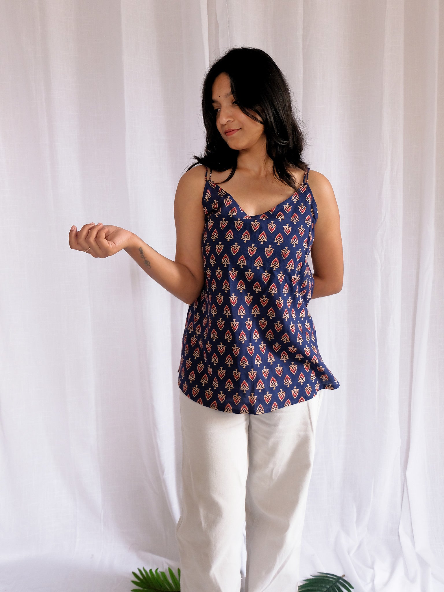 Aarna Blue Spade Motif Block Print Cotton Kurti with Chuppi