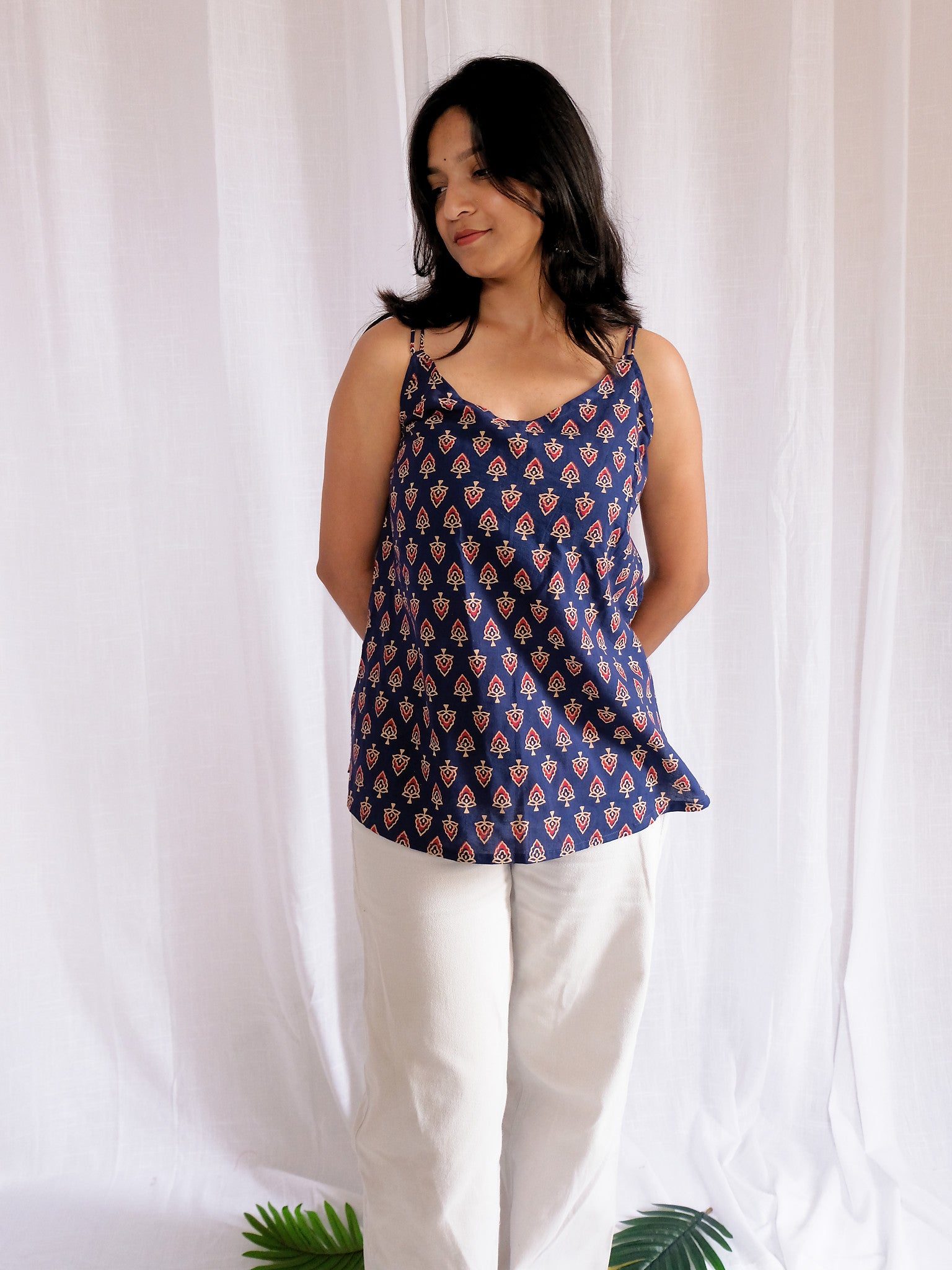 Aarna Blue Spade Motif Block Print Cotton Kurti with Chuppi