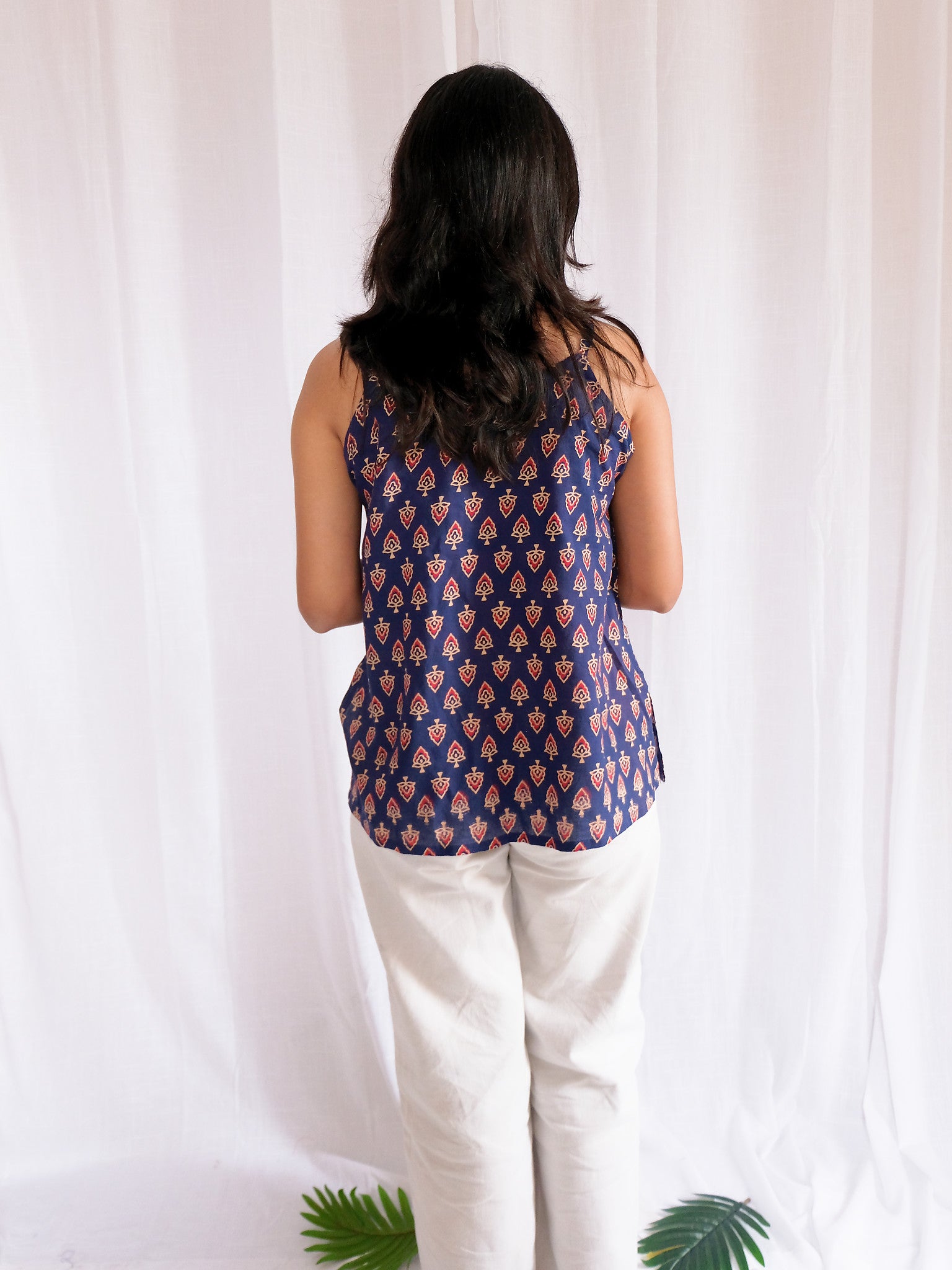 Aarna Blue Spade Motif Block Print Cotton Kurti with Chuppi