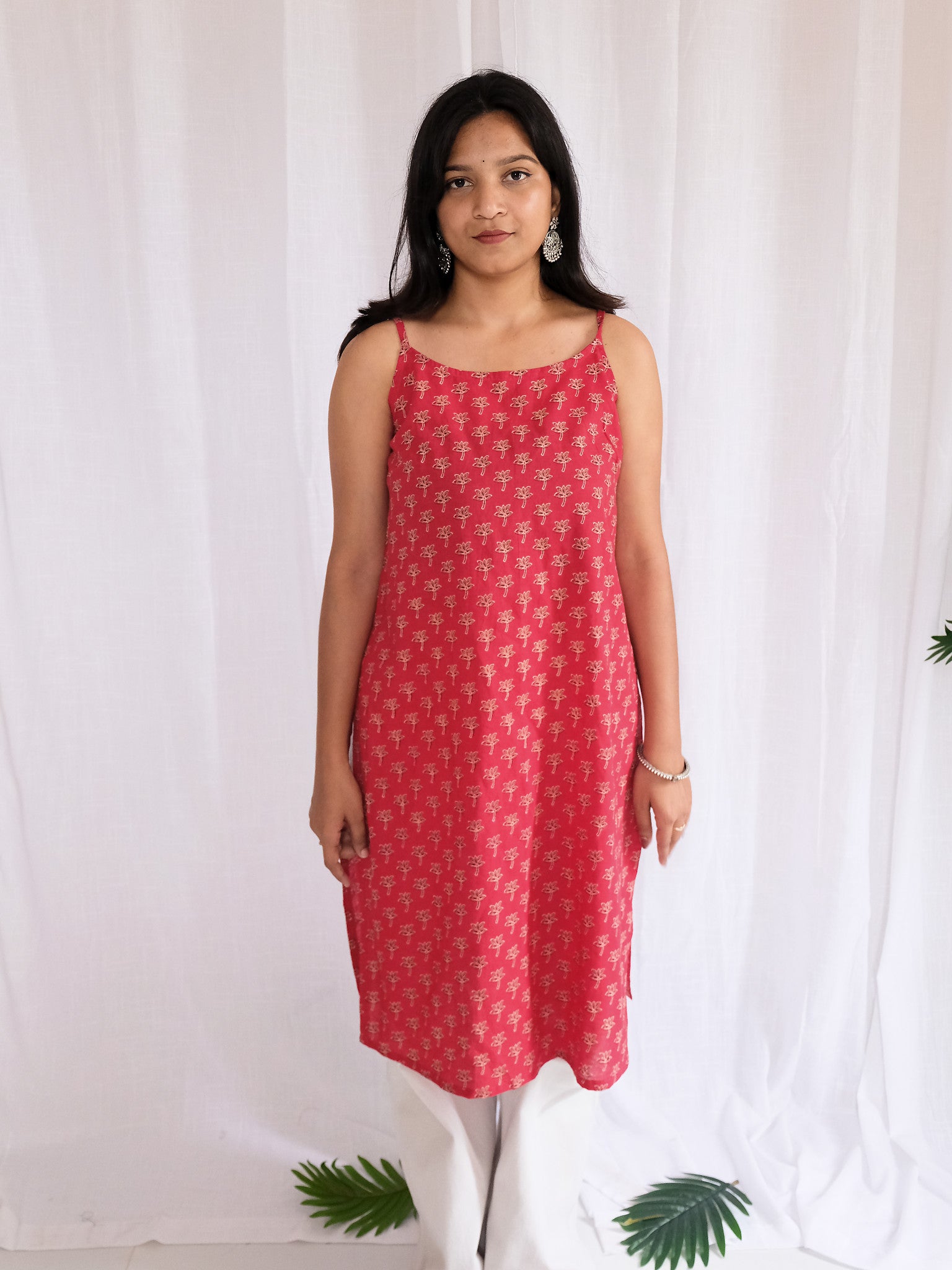 Mia Maroon Long Floral Block Print Cotton Kurti with Chuppi