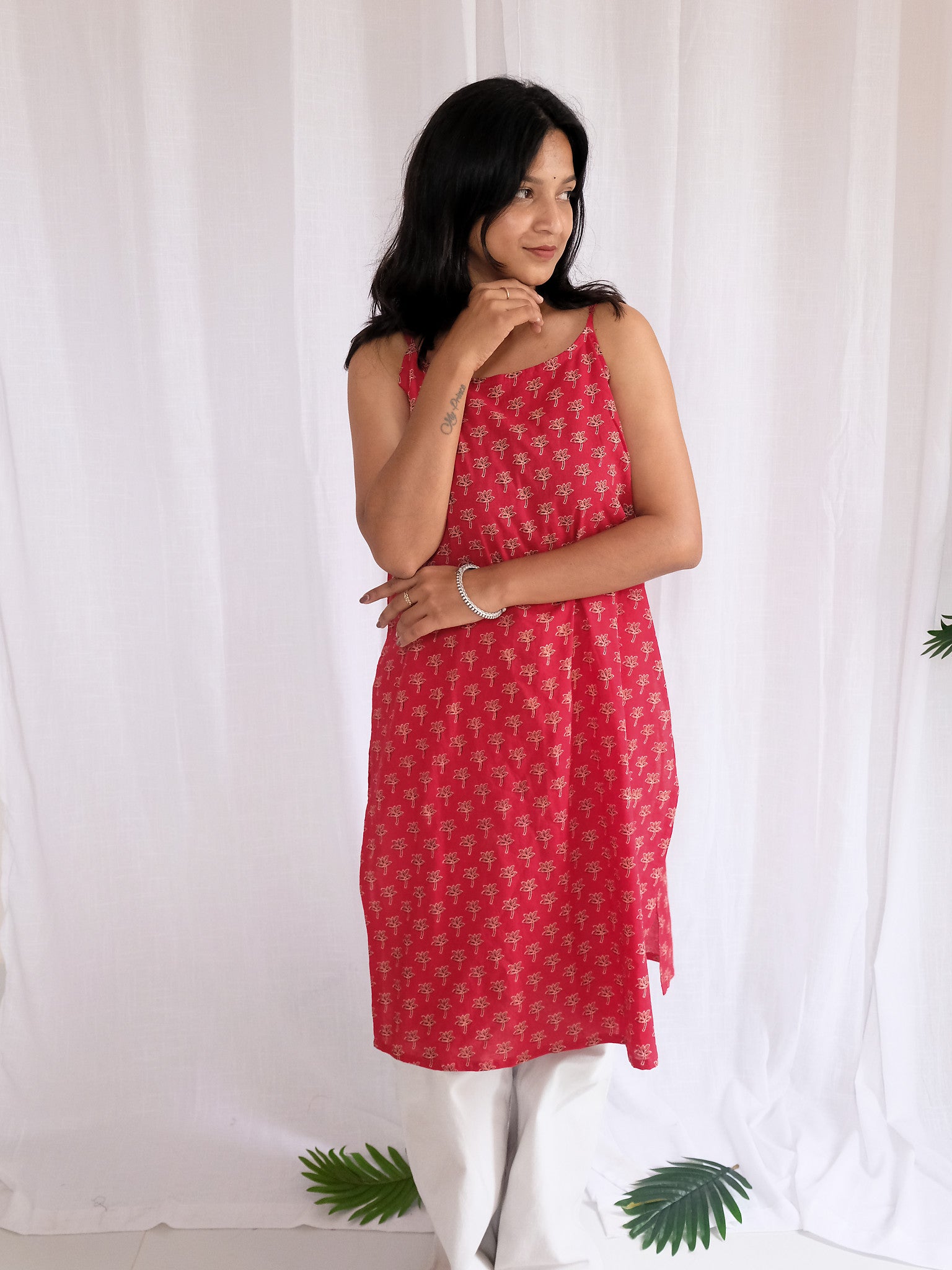 Mia Maroon Long Floral Block Print Cotton Kurti with Chuppi