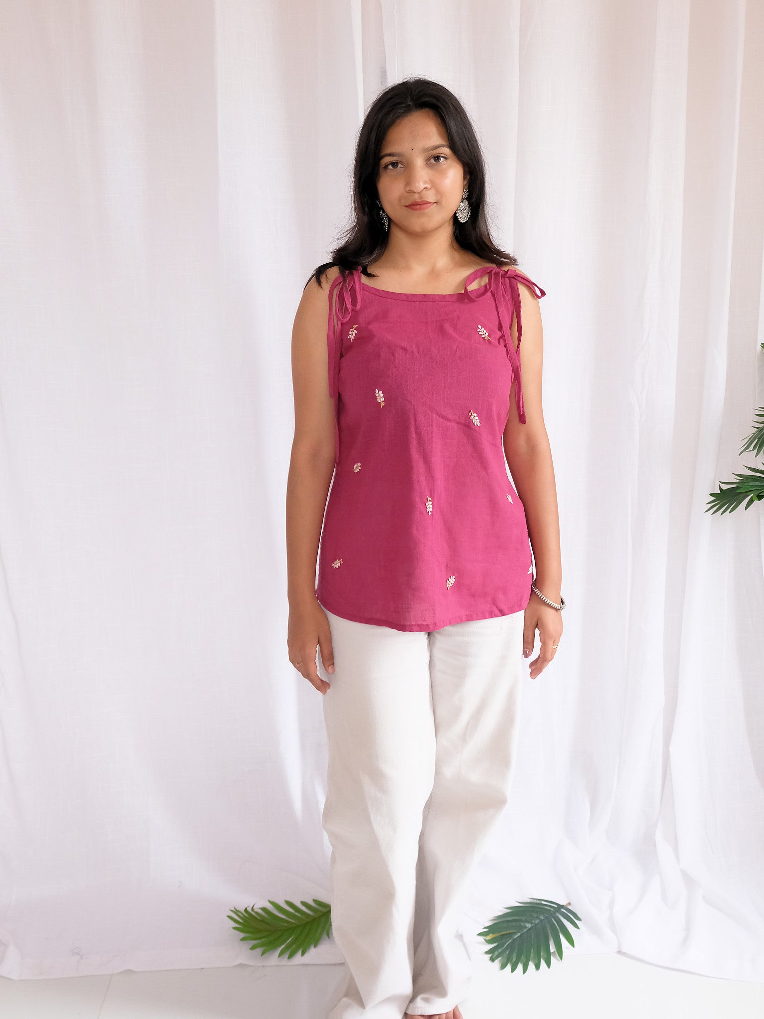 Tara Magenta Floral Hand Embroidered Cotton Kurti with Chuppi