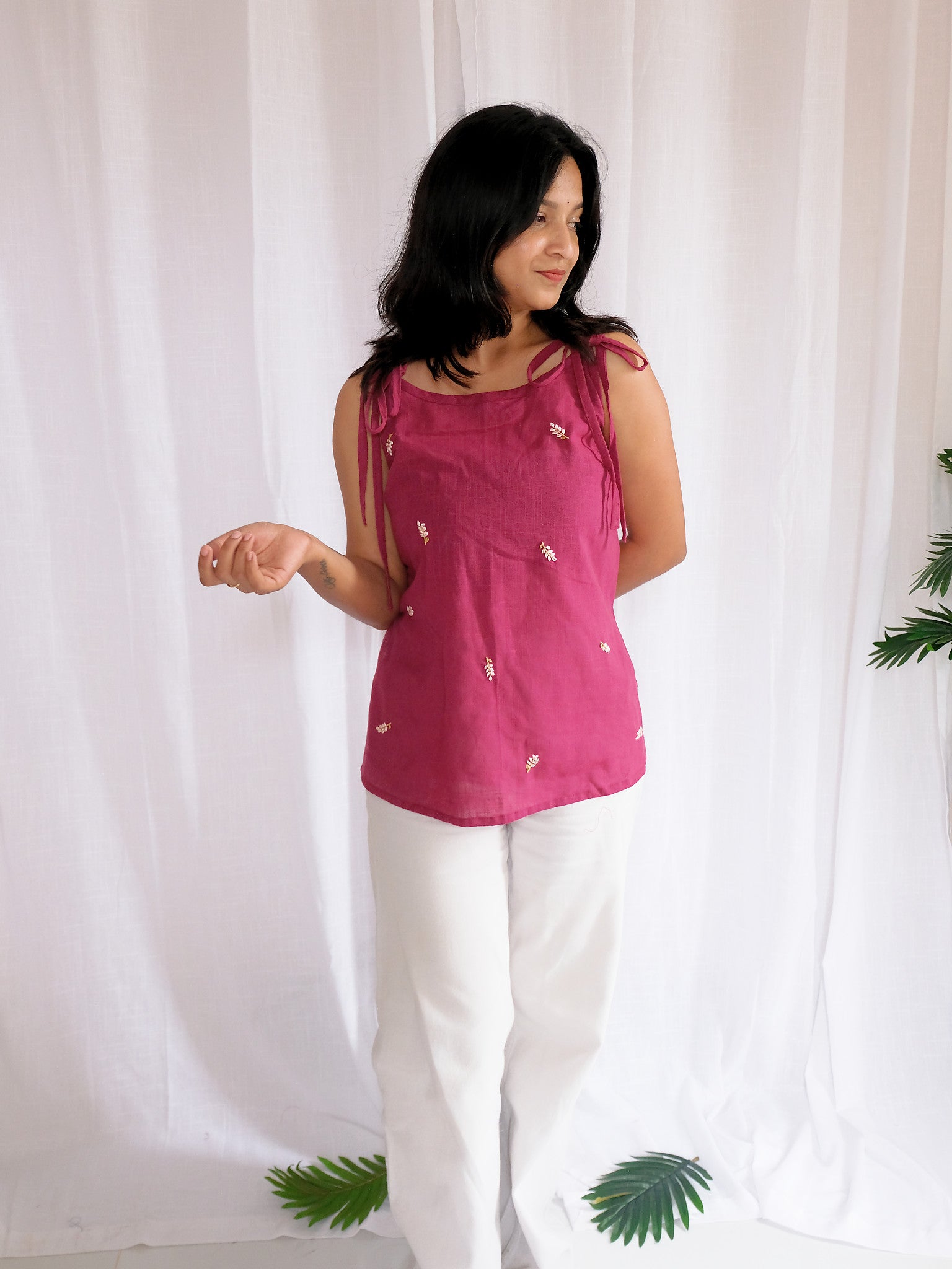 Tara Magenta Floral Hand Embroidered Cotton Kurti with Chuppi