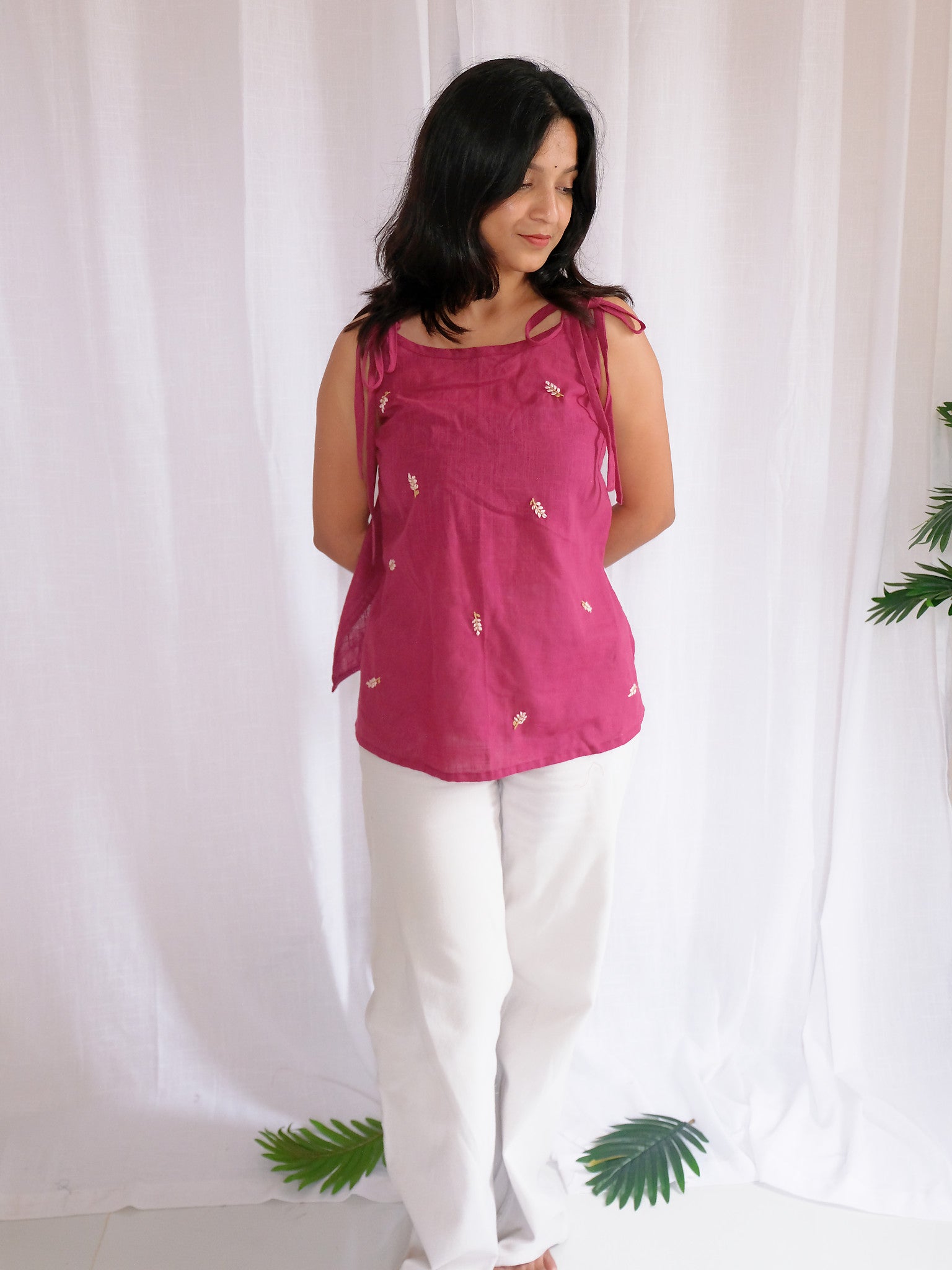 Tara Magenta Floral Hand Embroidered Cotton Kurti with Chuppi