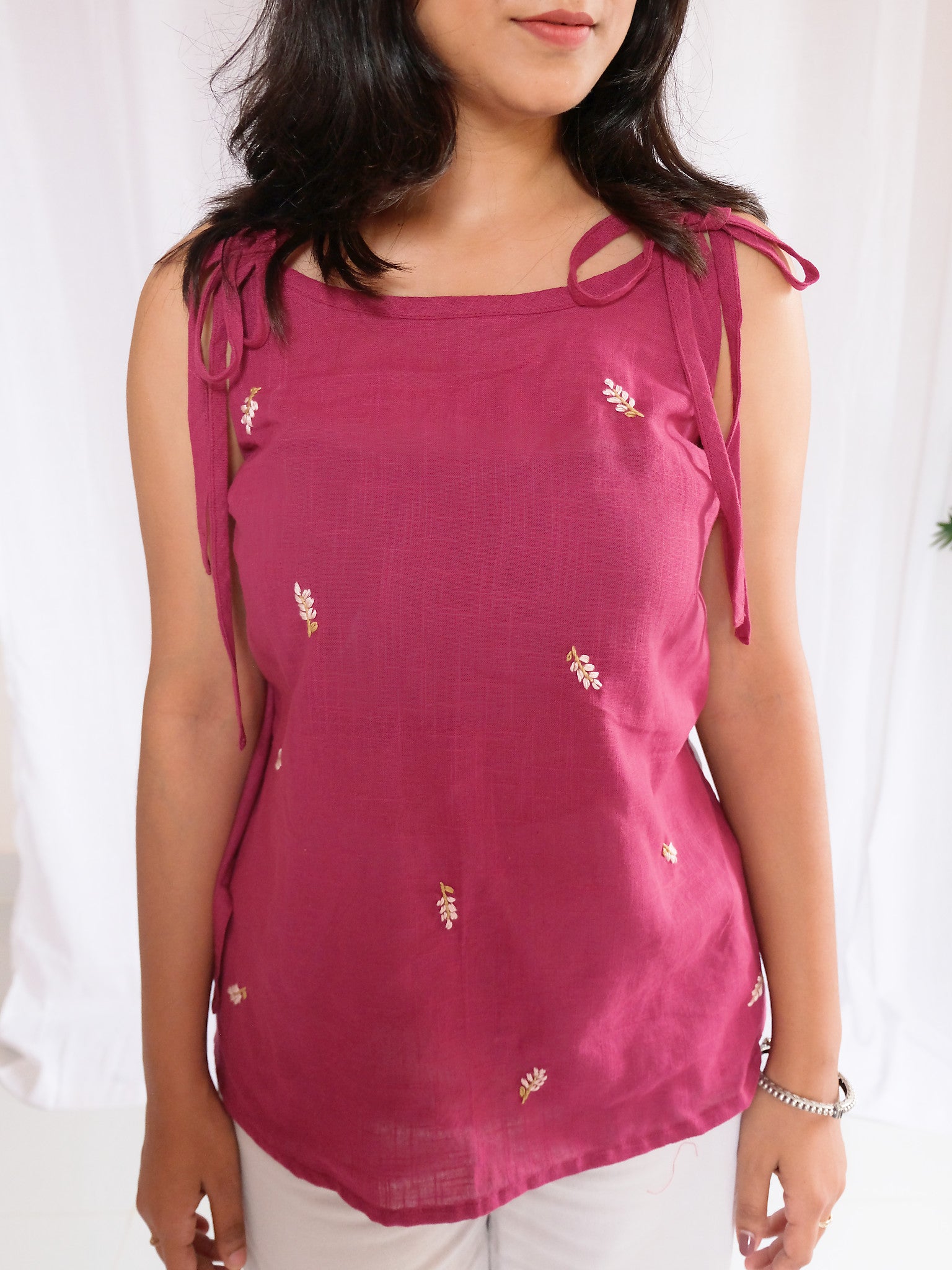 Tara Magenta Floral Hand Embroidered Cotton Kurti with Chuppi