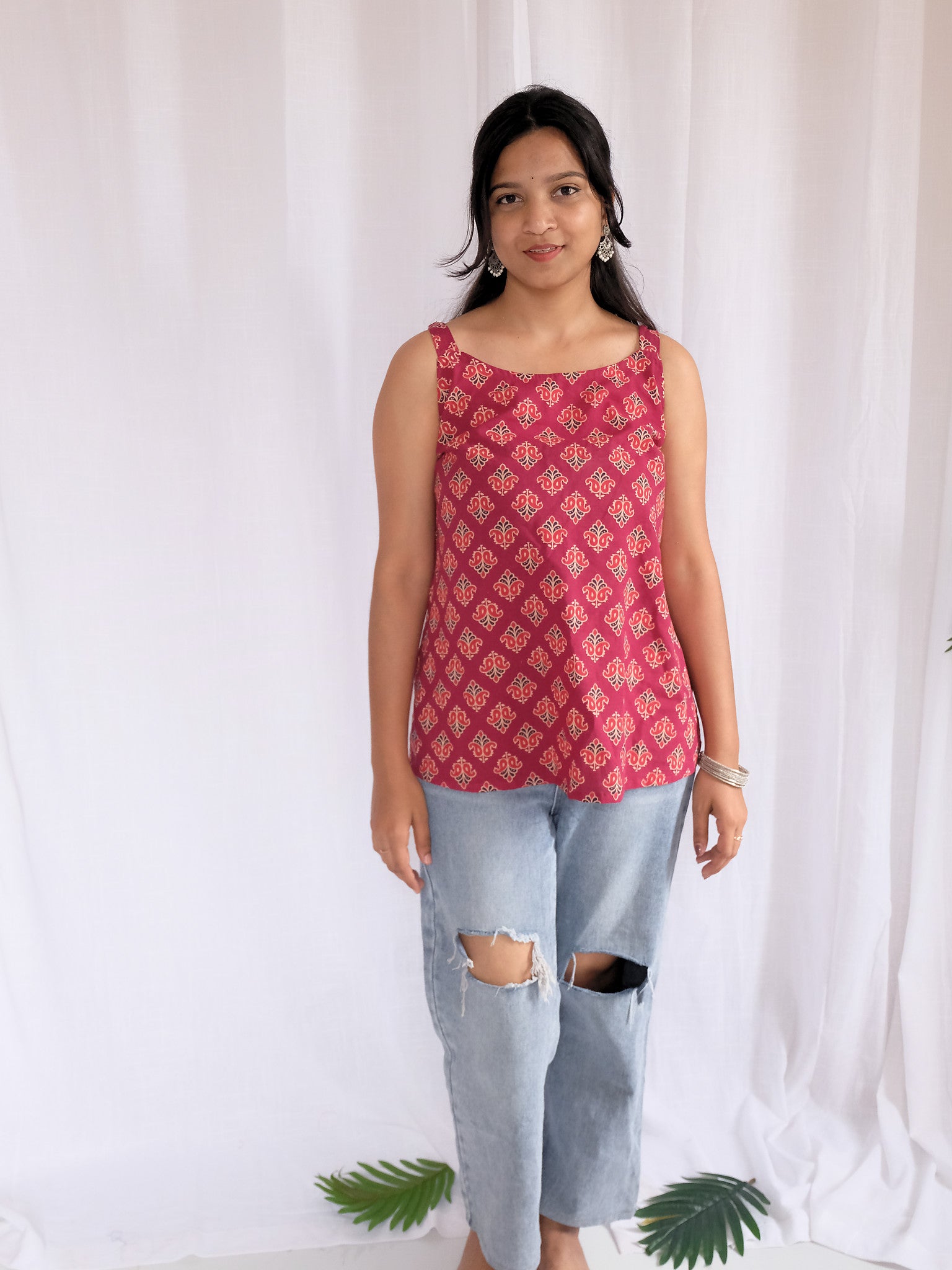 Amaira Maroon Floral Block Print Cotton Kurti with Chuppi