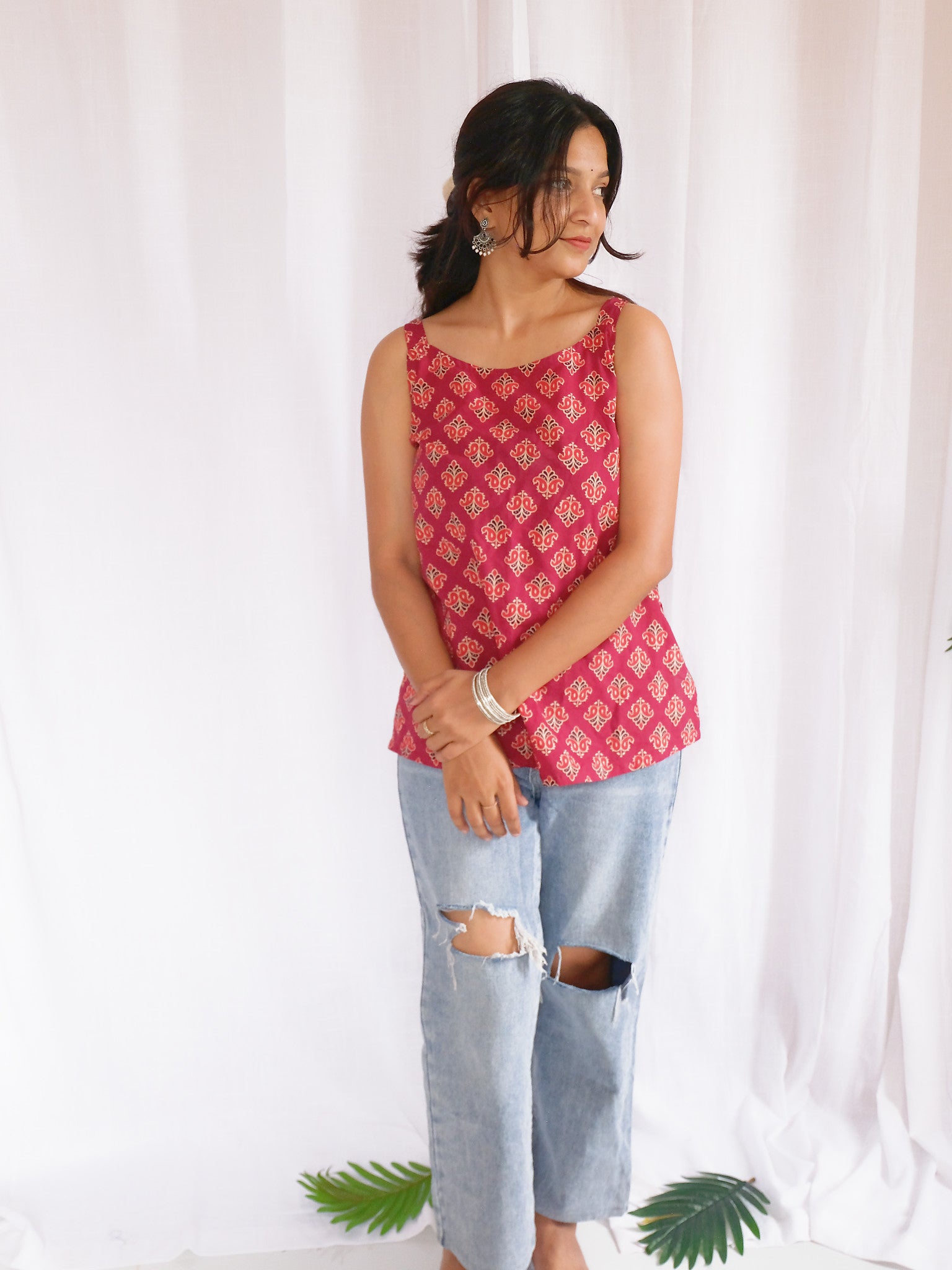Amaira Maroon Floral Block Print Cotton Kurti with Chuppi