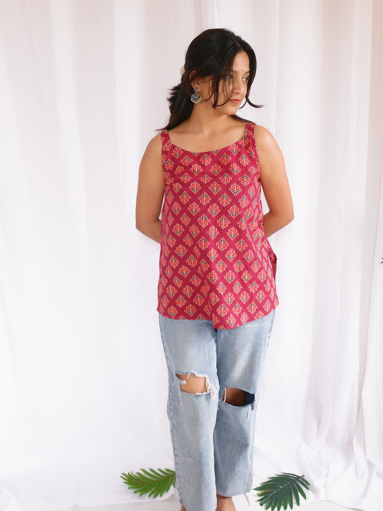 Amaira Maroon Floral Block Print Cotton Kurti with Chuppi
