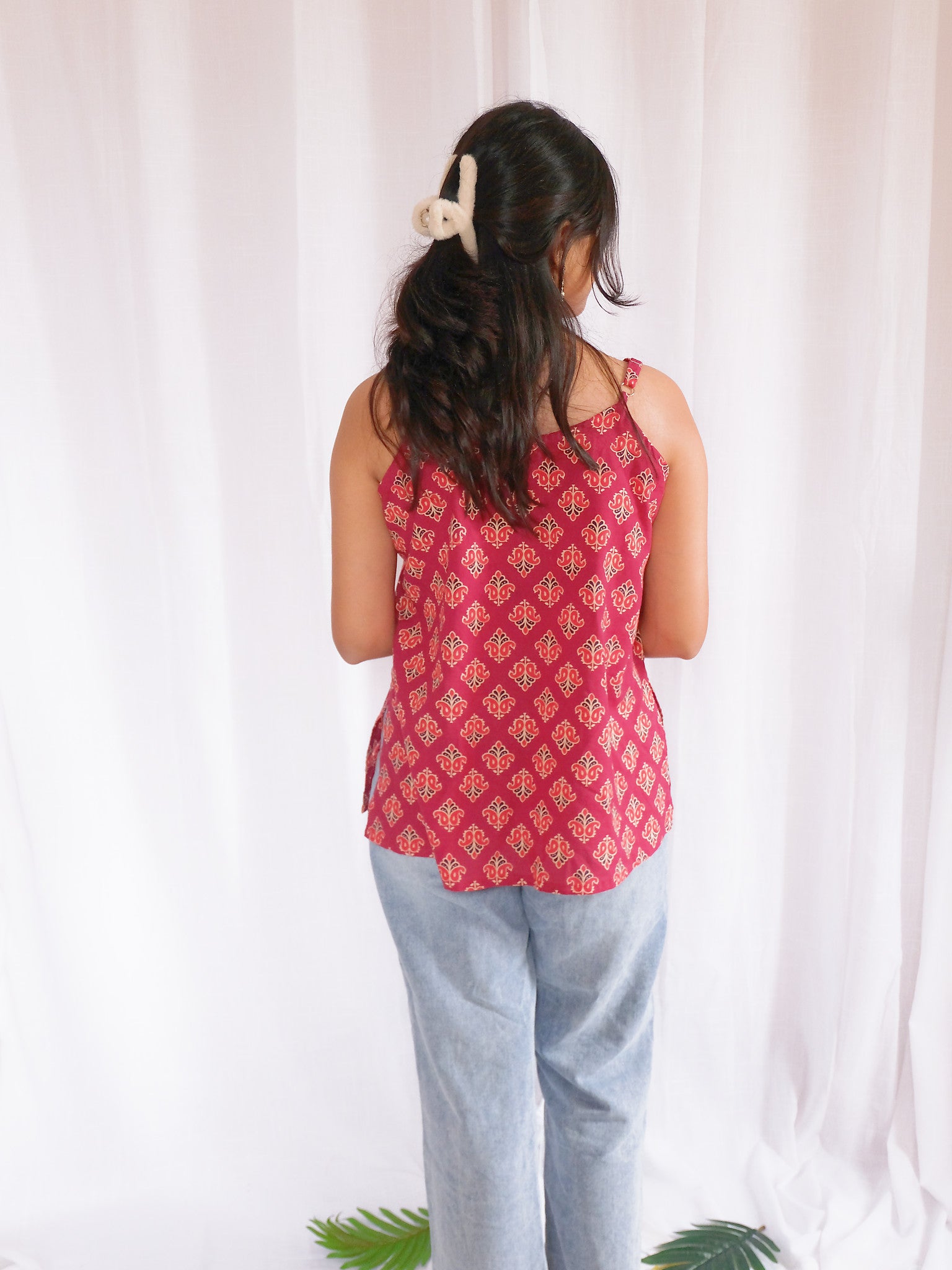 Amaira Maroon Floral Block Print Cotton Kurti with Chuppi