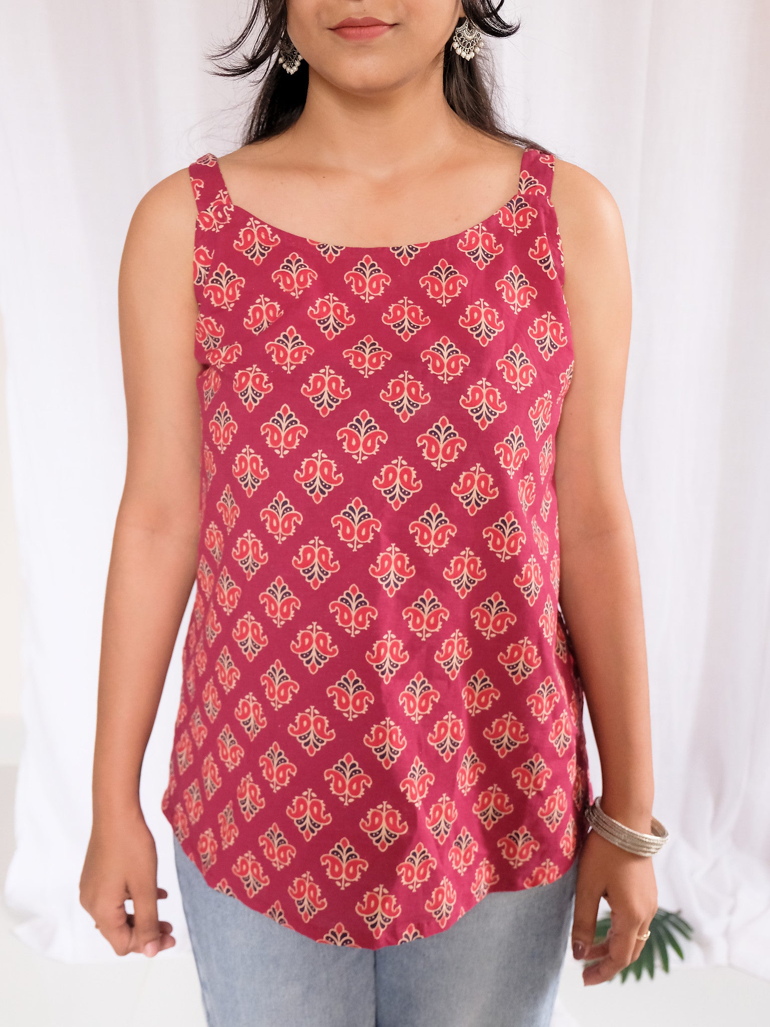 Amaira Maroon Floral Block Print Cotton Kurti with Chuppi