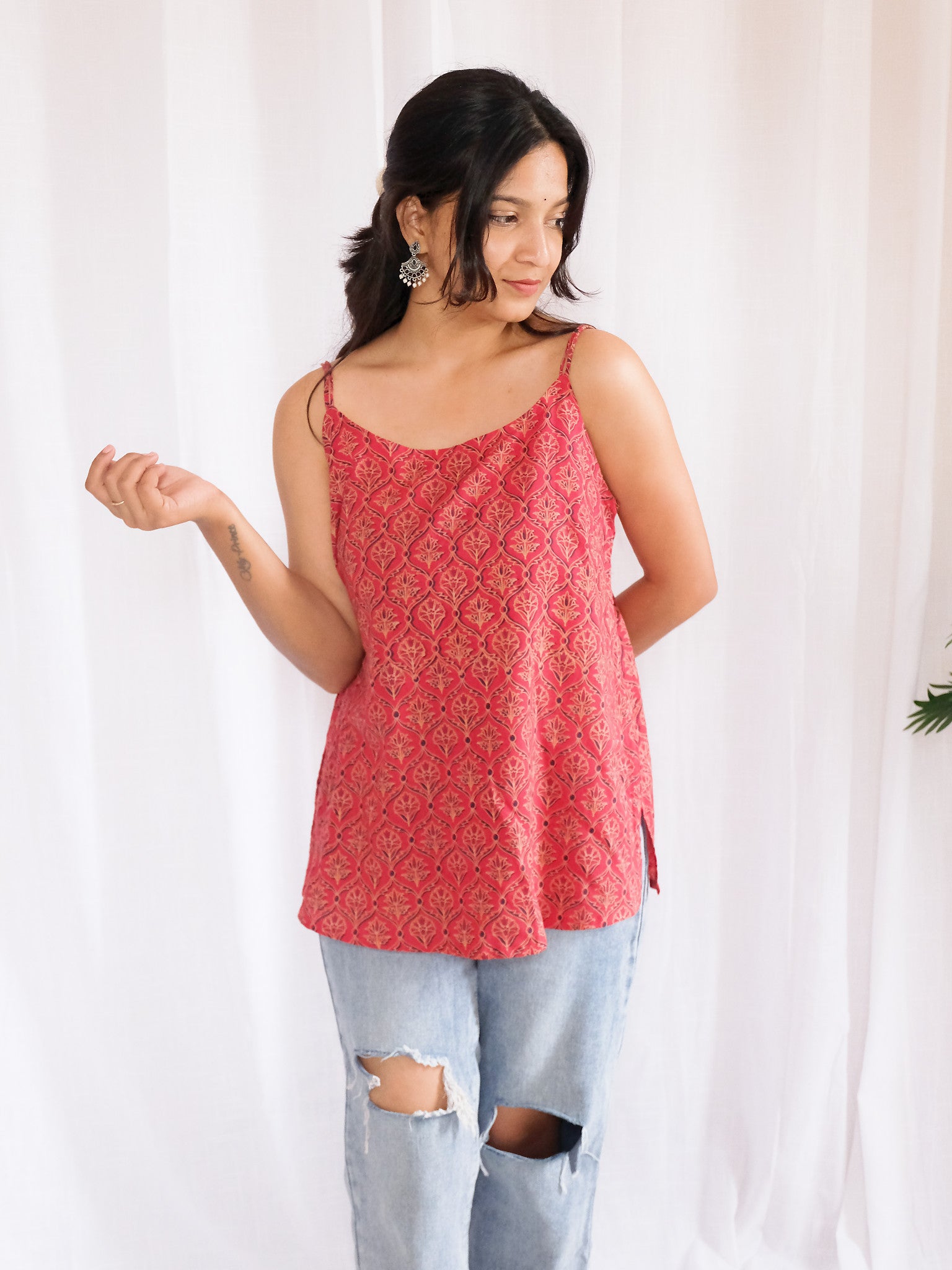 Nasrin Maroon Floral Block Print Cotton Kurti with Chuppi
