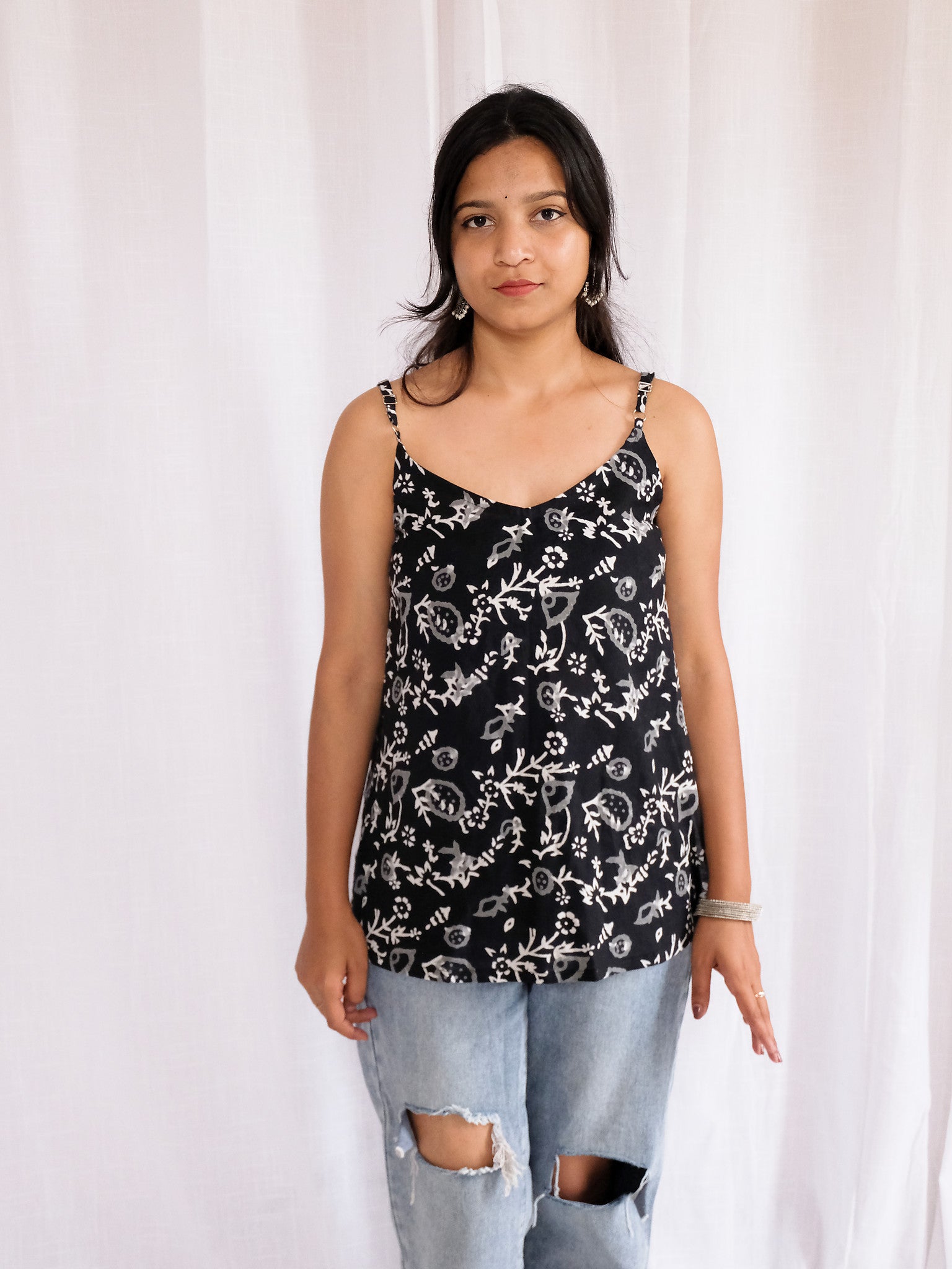 Alisha Black Floral Block Print Cotton Kurti with Chuppi