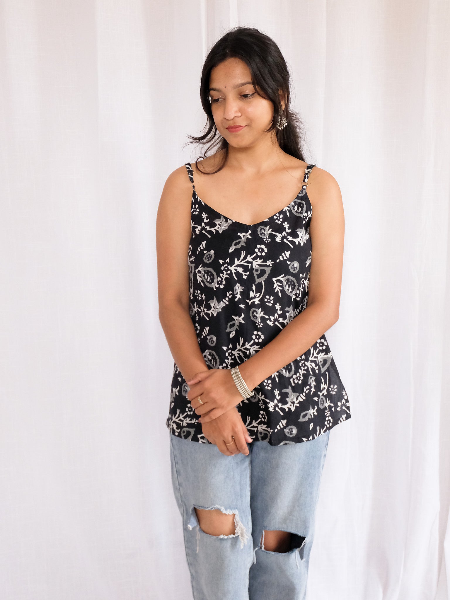 Alisha Black Floral Block Print Cotton Kurti with Chuppi