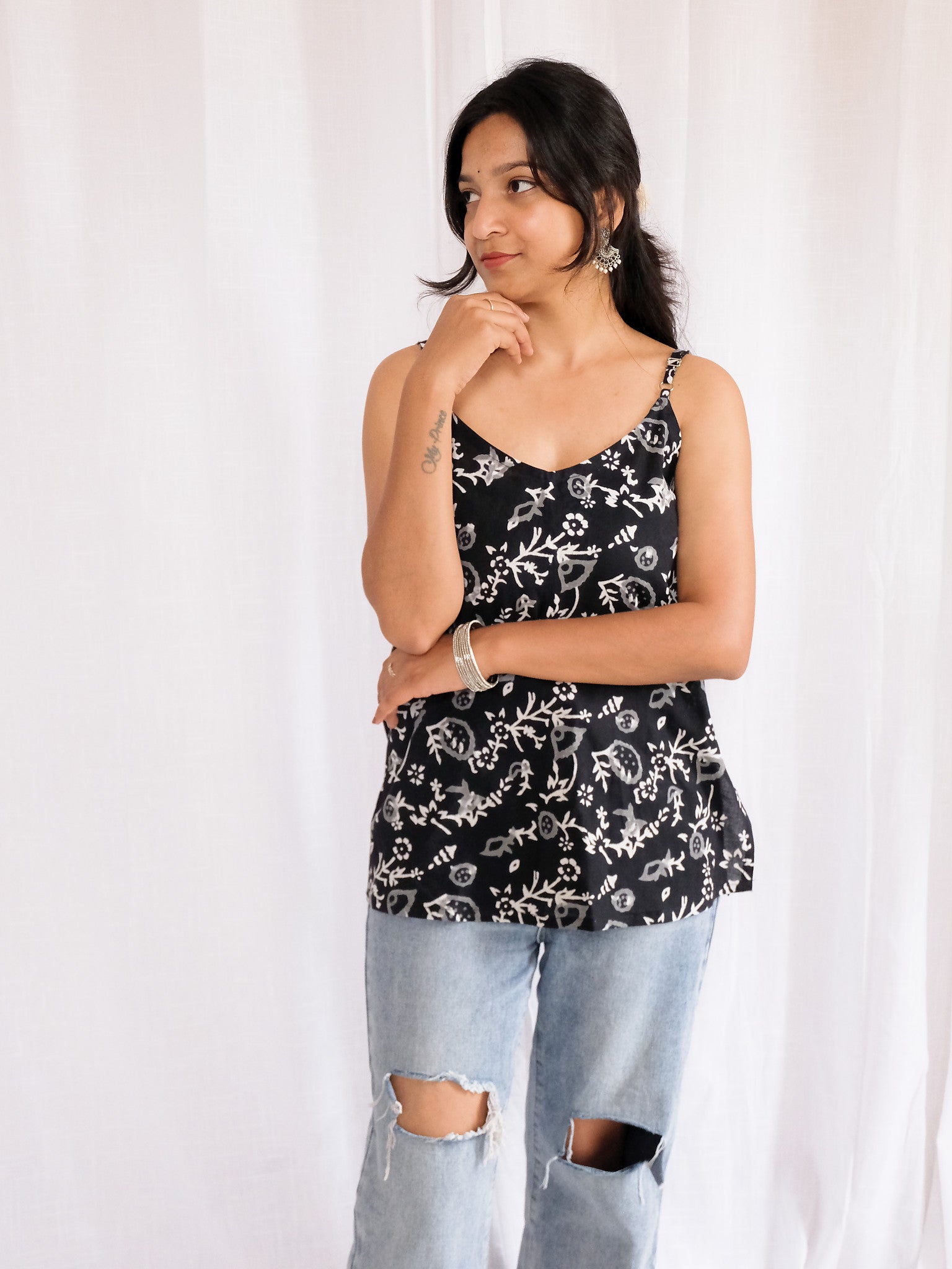 Alisha Black Floral Block Print Cotton Kurti with Chuppi