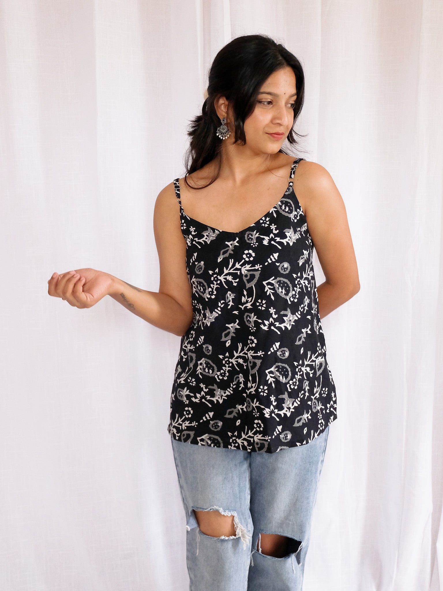 Alisha Black Floral Block Print Cotton Kurti with Chuppi