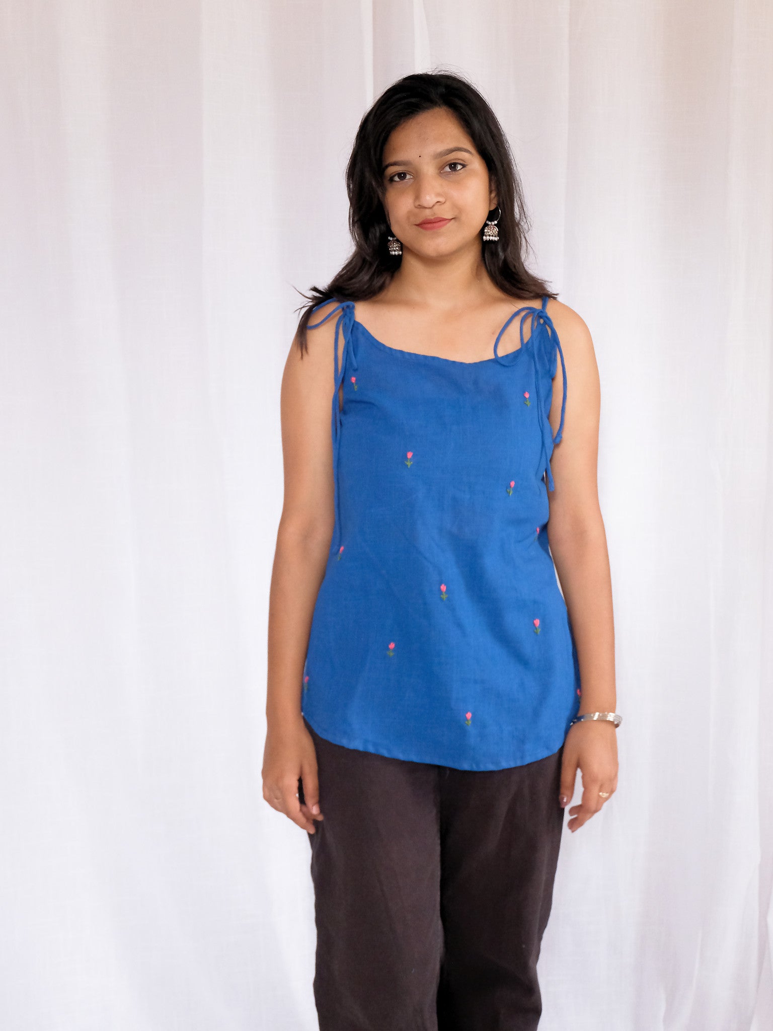 Rani Blue Tulip Embroidered Cotton Kurti with Chuppi