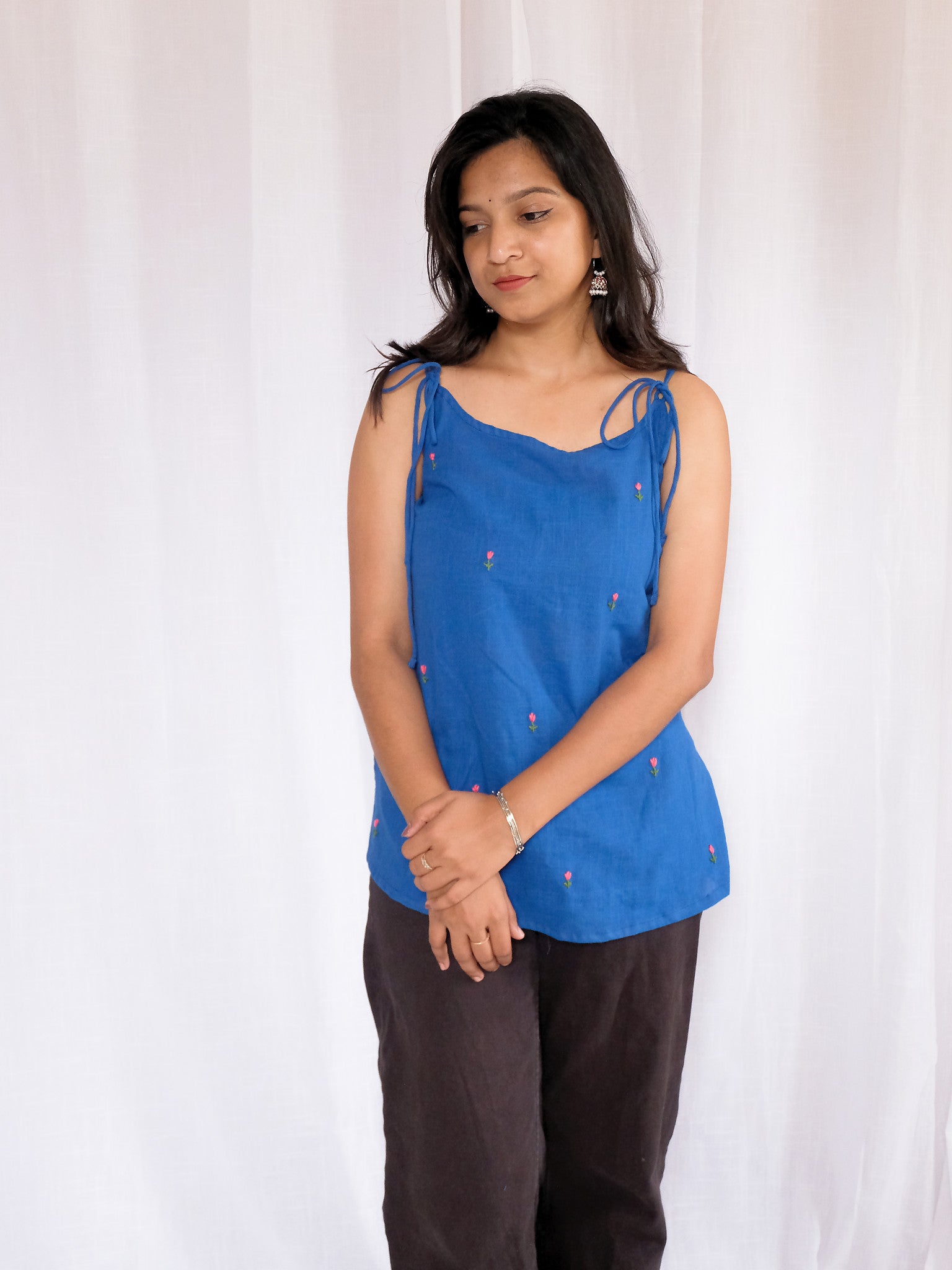 Rani Blue Tulip Embroidered Cotton Kurti with Chuppi