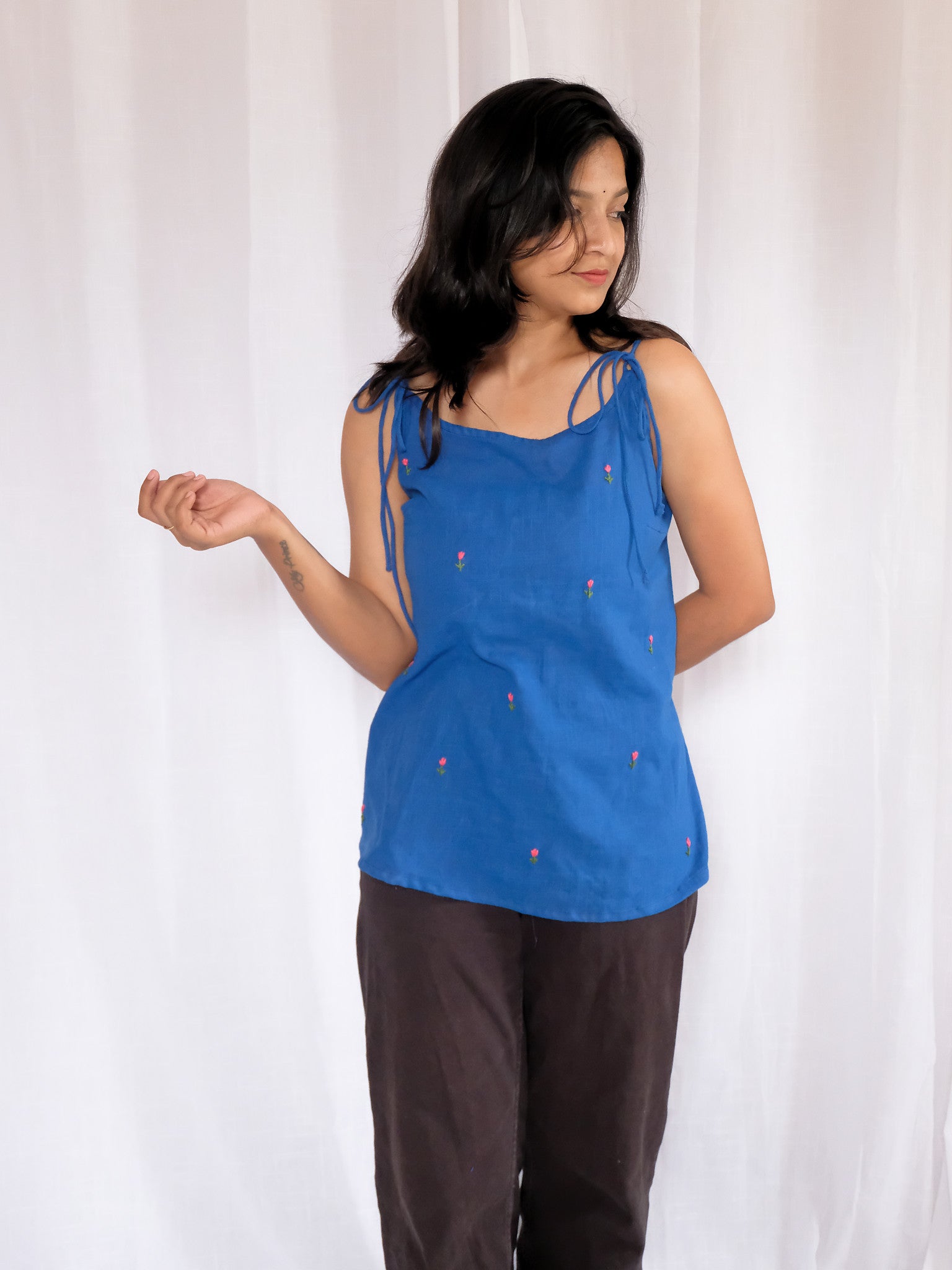 Rani Blue Tulip Embroidered Cotton Kurti with Chuppi