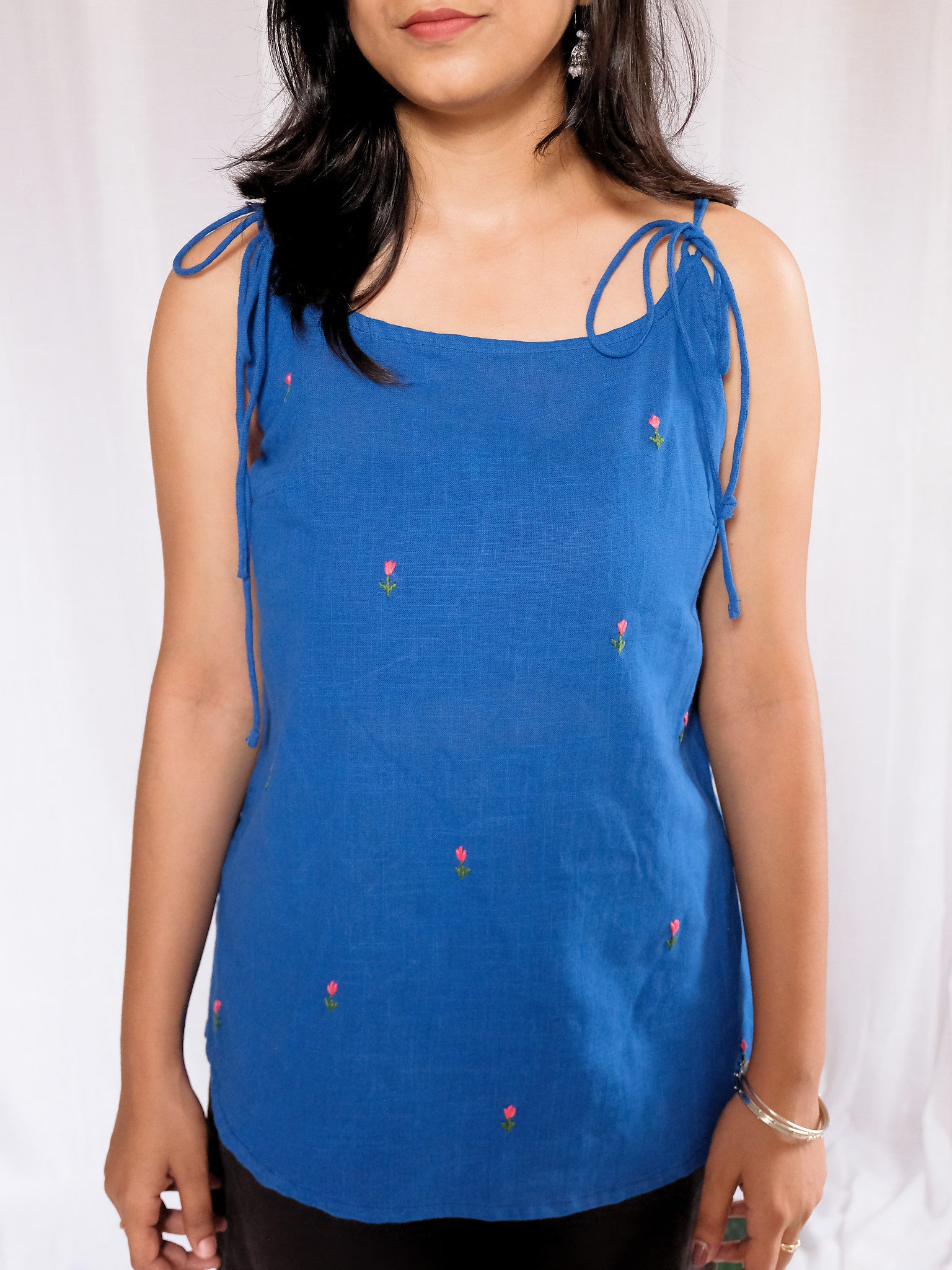 Rani Blue Tulip Embroidered Cotton Kurti with Chuppi