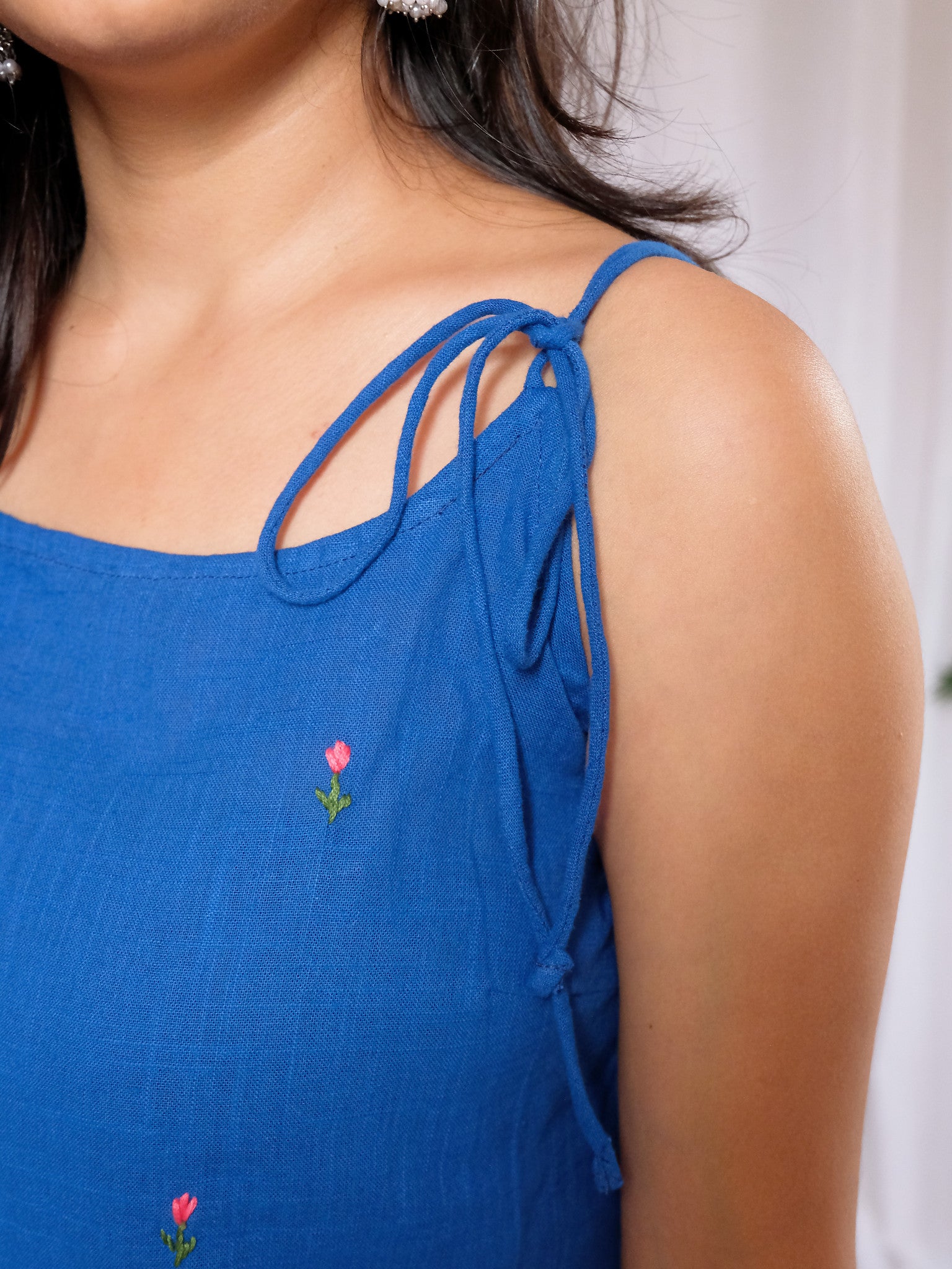 Rani Blue Tulip Embroidered Cotton Kurti with Chuppi