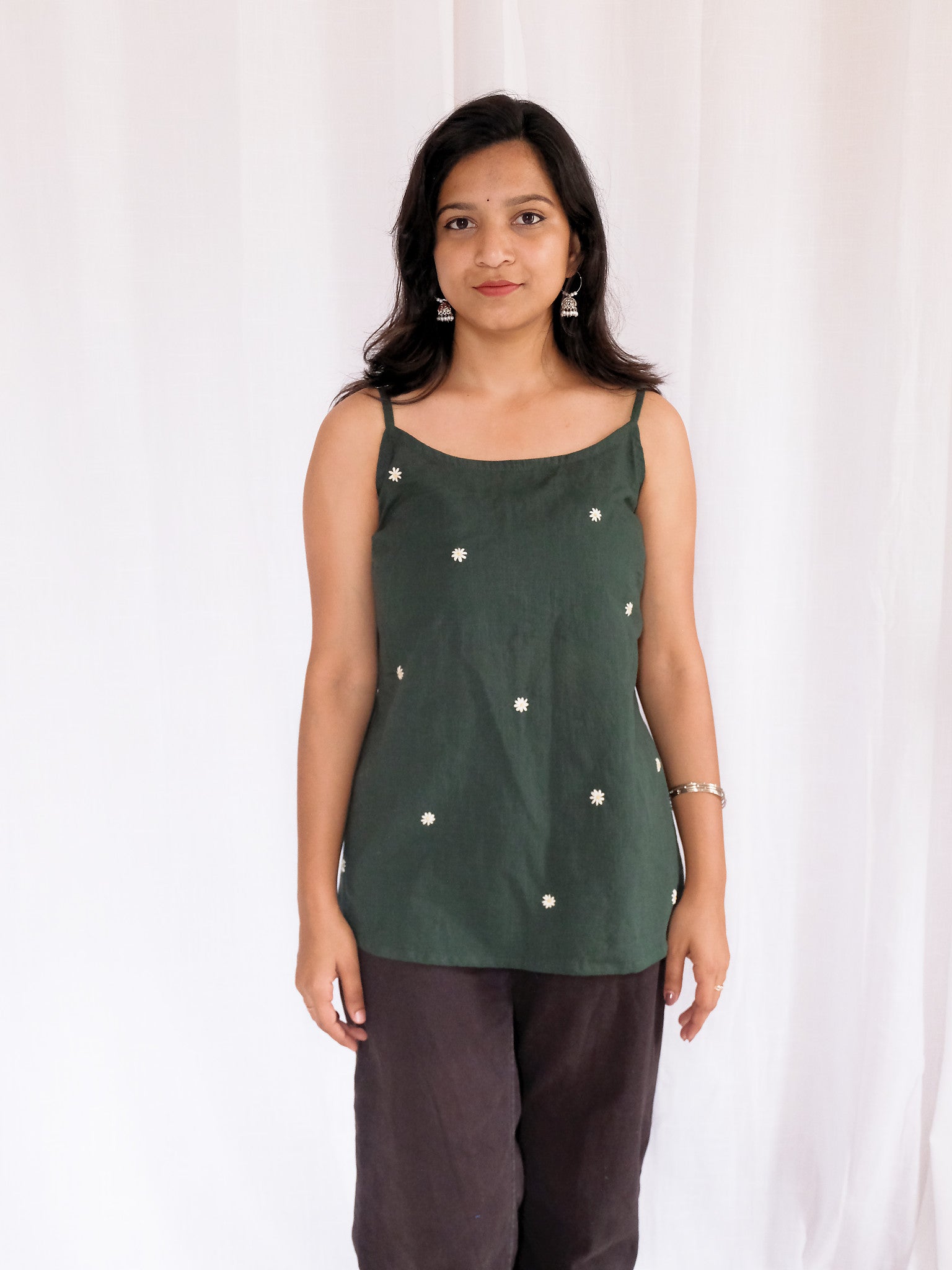 Thea Green Hand Embroidered Cotton Sleeveless Kurti with Chuppi