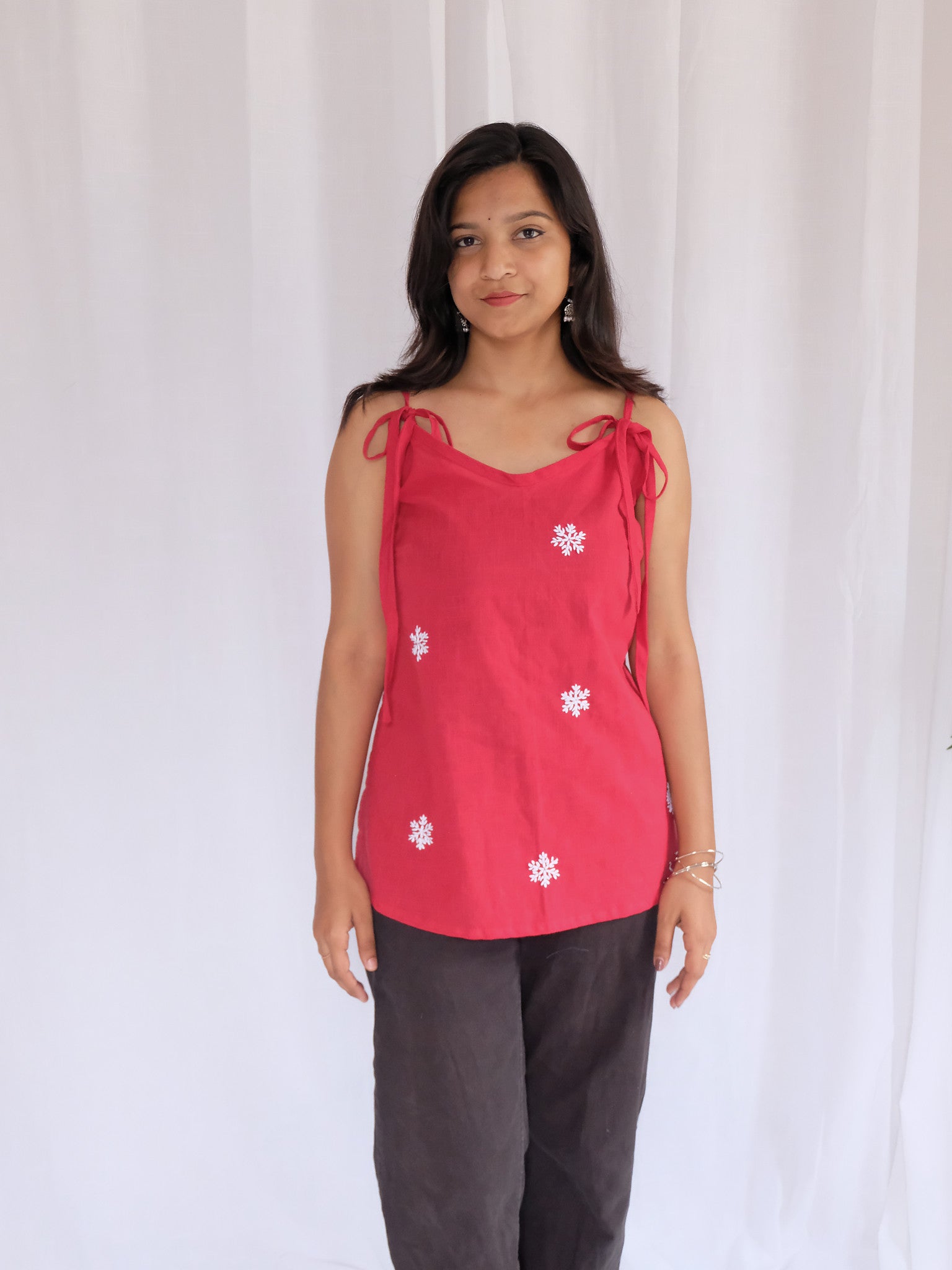 Natasha Maroon Snowflake Embroidered Cotton Kurti with Chuppi