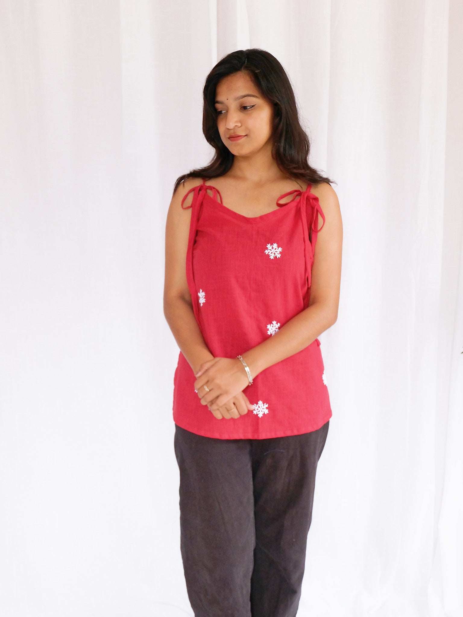 Natasha Maroon Snowflake Embroidered Cotton Kurti with Chuppi