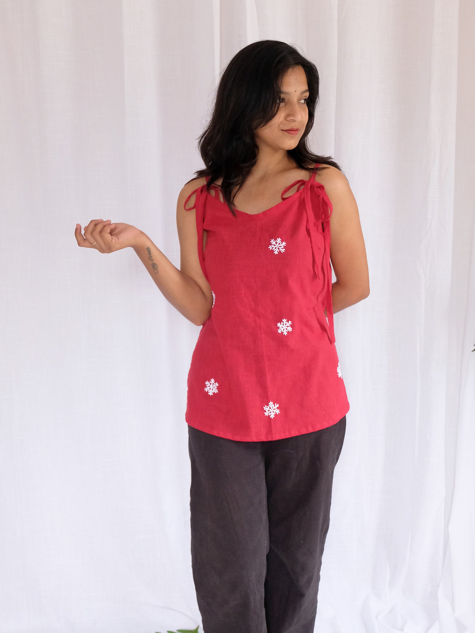 Natasha Maroon Snowflake Embroidered Cotton Kurti with Chuppi