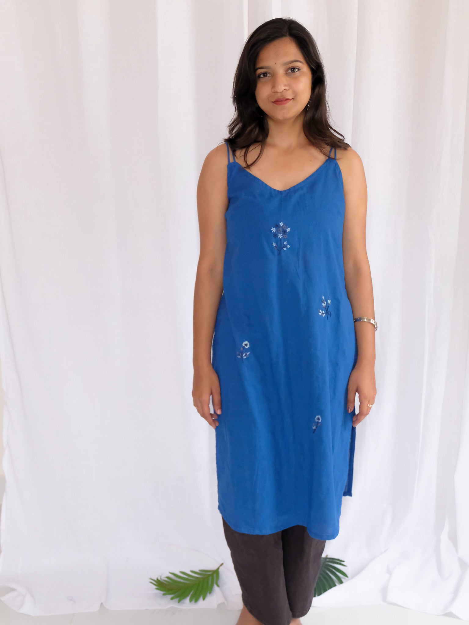 Jiya Blue Long Hand Embroidered Cotton Kurti with Chuppi