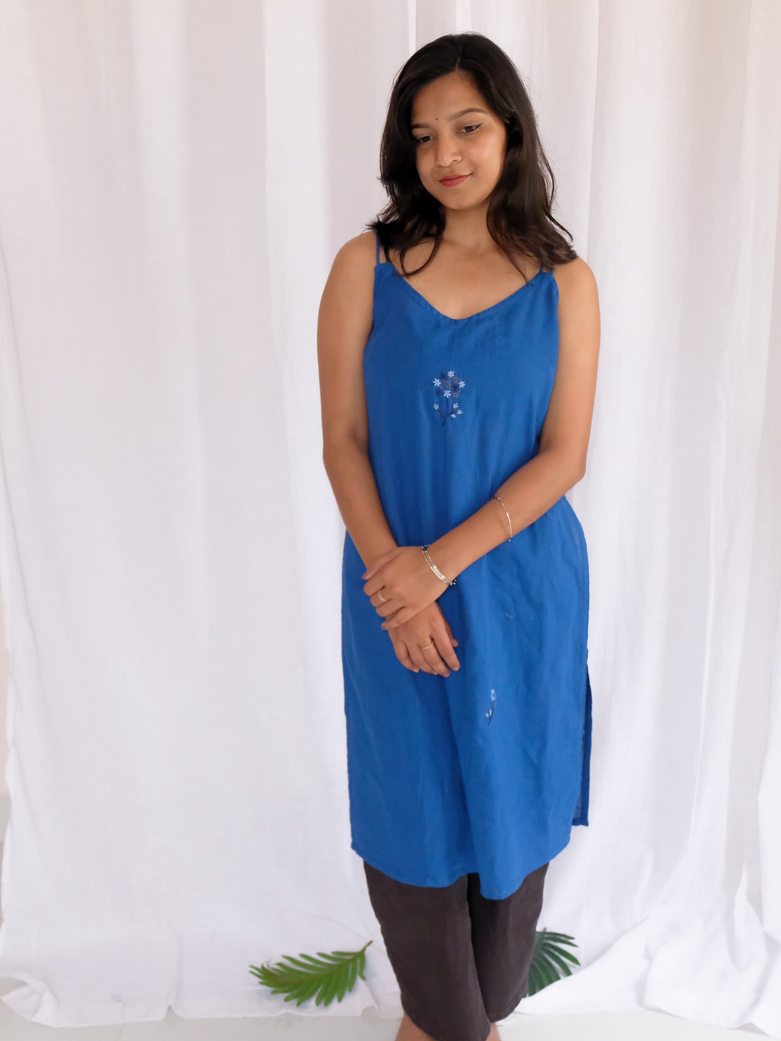 Jiya Blue Long Hand Embroidered Cotton Kurti with Chuppi