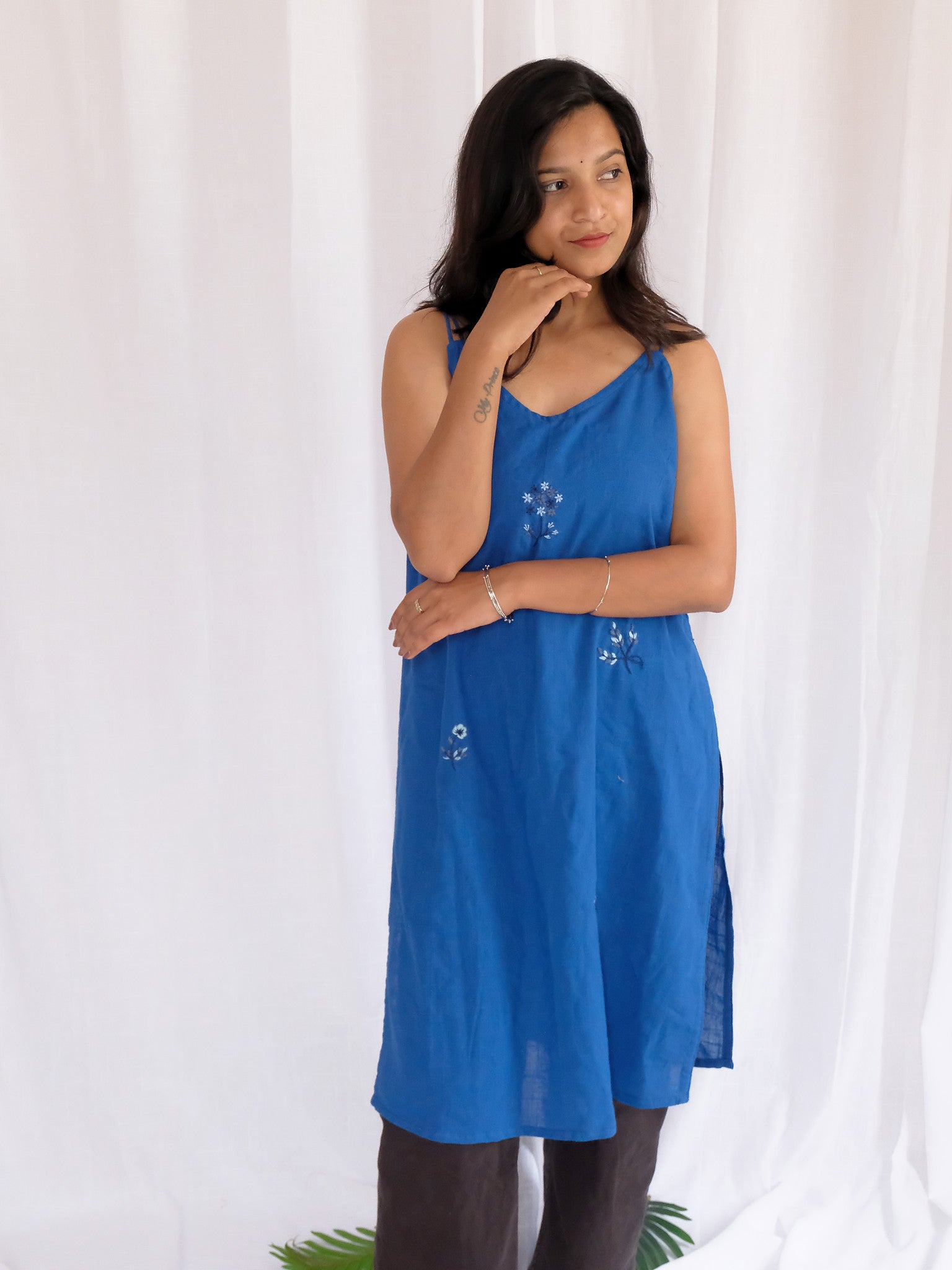 Jiya Blue Long Hand Embroidered Cotton Kurti with Chuppi