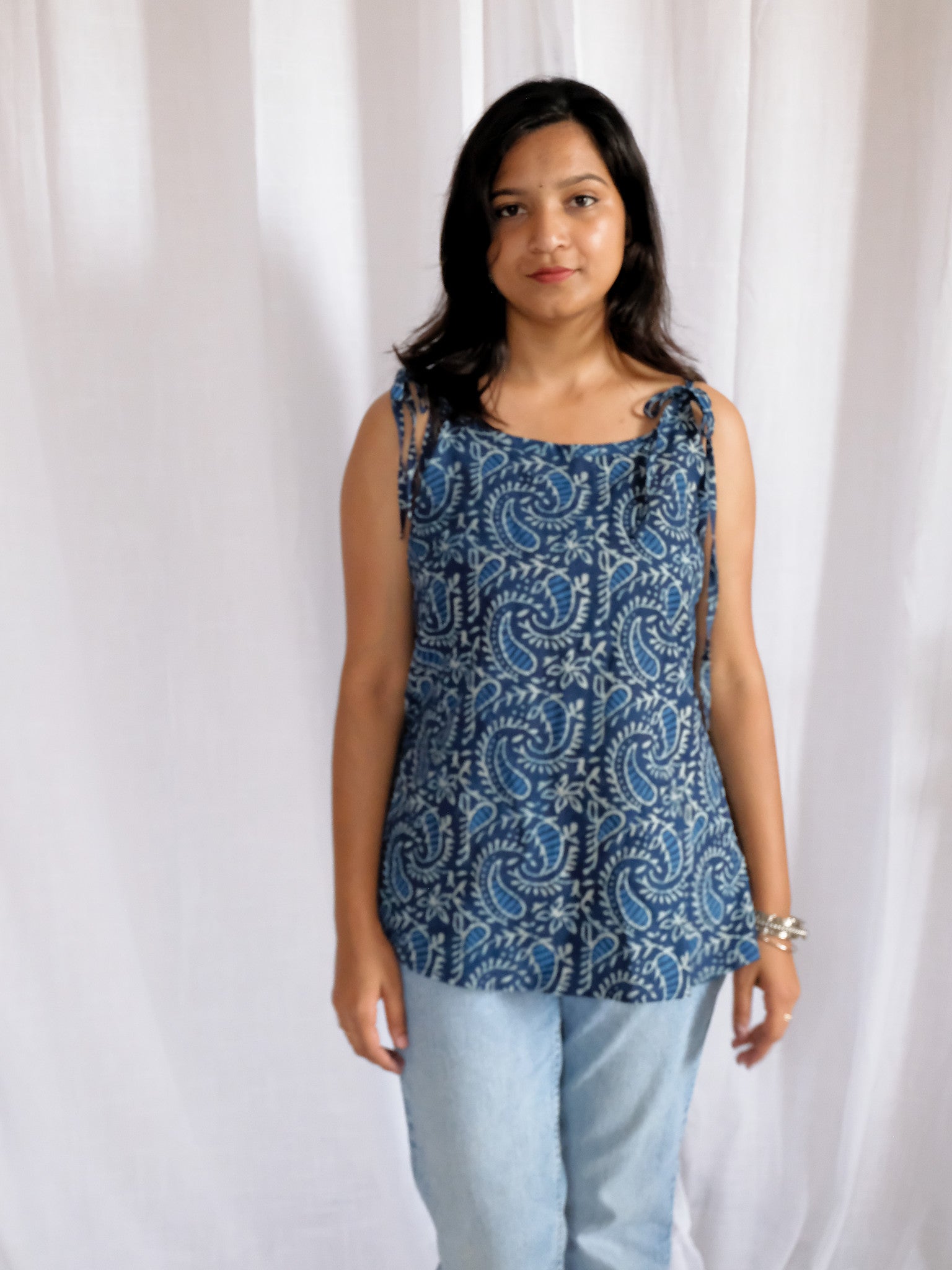 Anika Indigo Paisley Hand Block Cotton Kurti with Chuppi