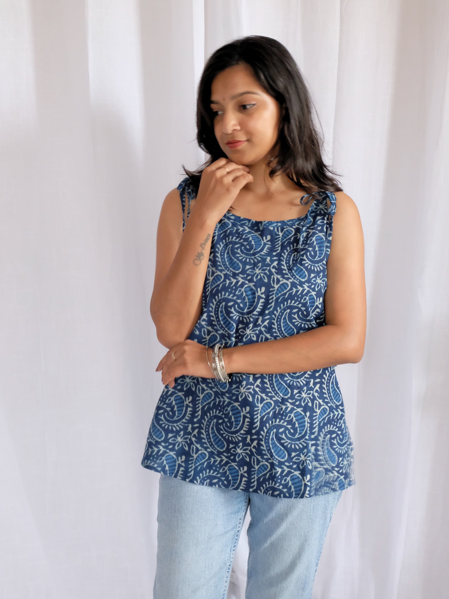 Anika Indigo Paisley Hand Block Cotton Kurti with Chuppi
