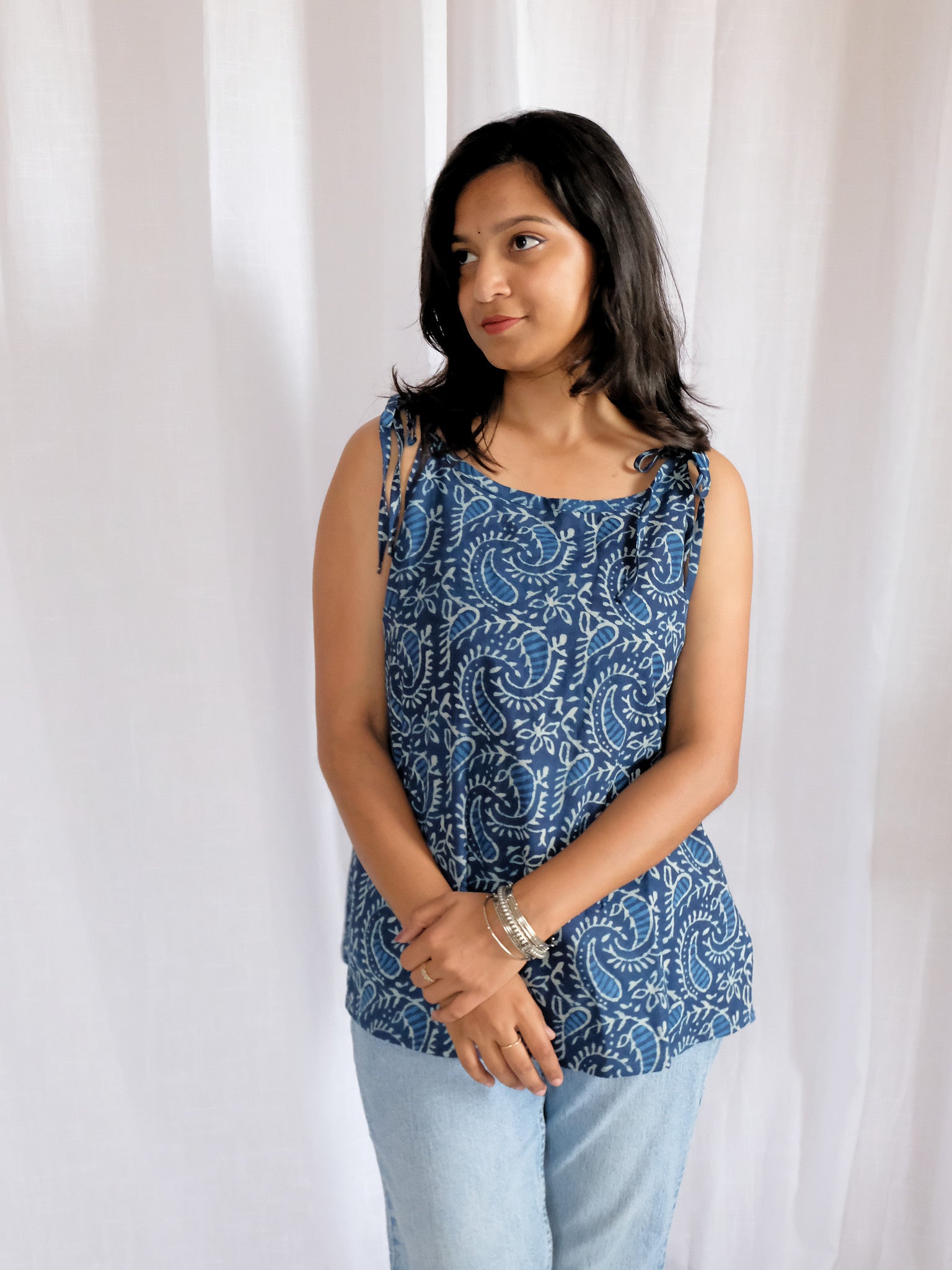 Anika Indigo Paisley Hand Block Cotton Kurti with Chuppi