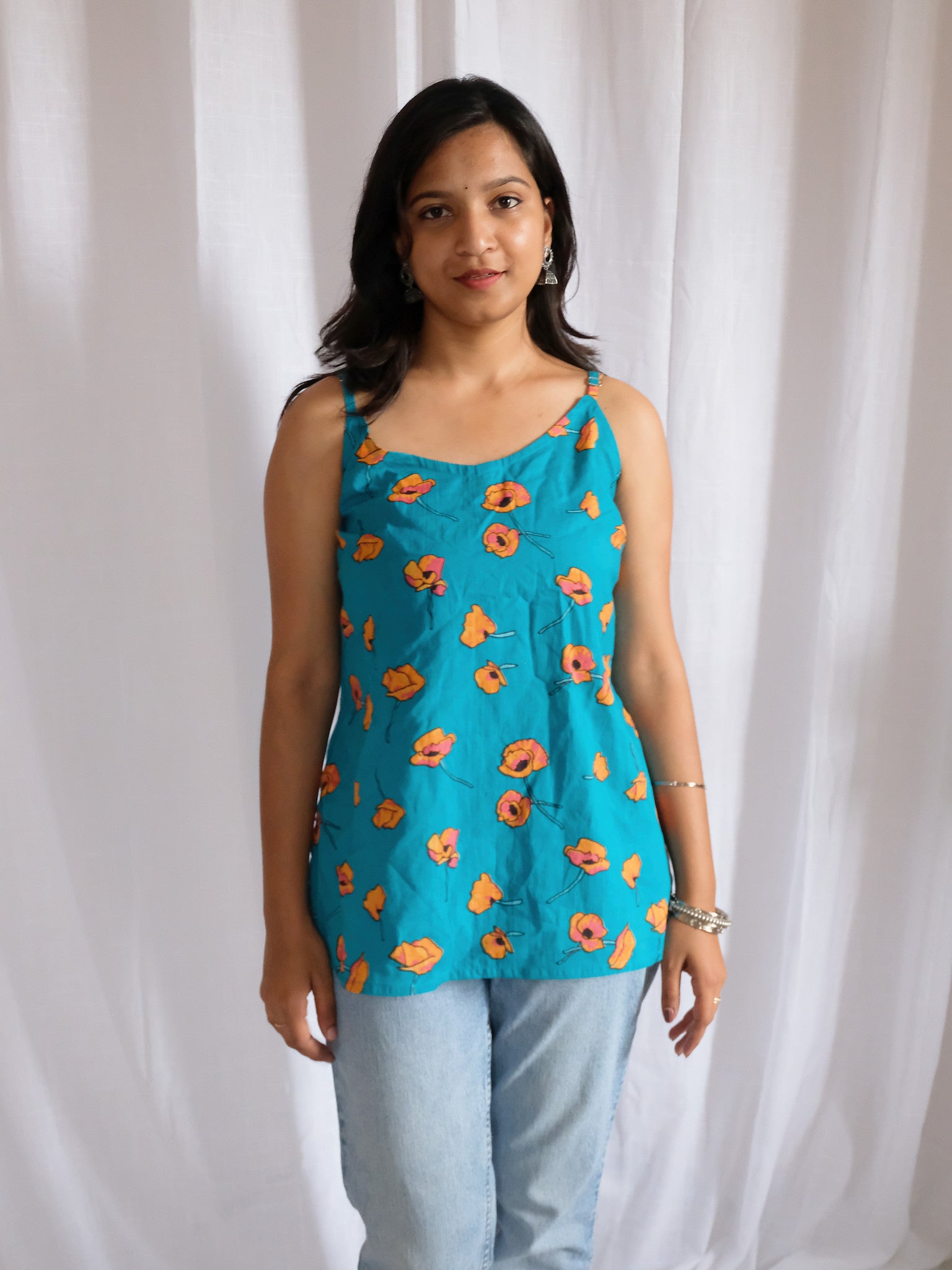 Inaya Turquoise Floral Block Print Cotton Kurti with Chuppi