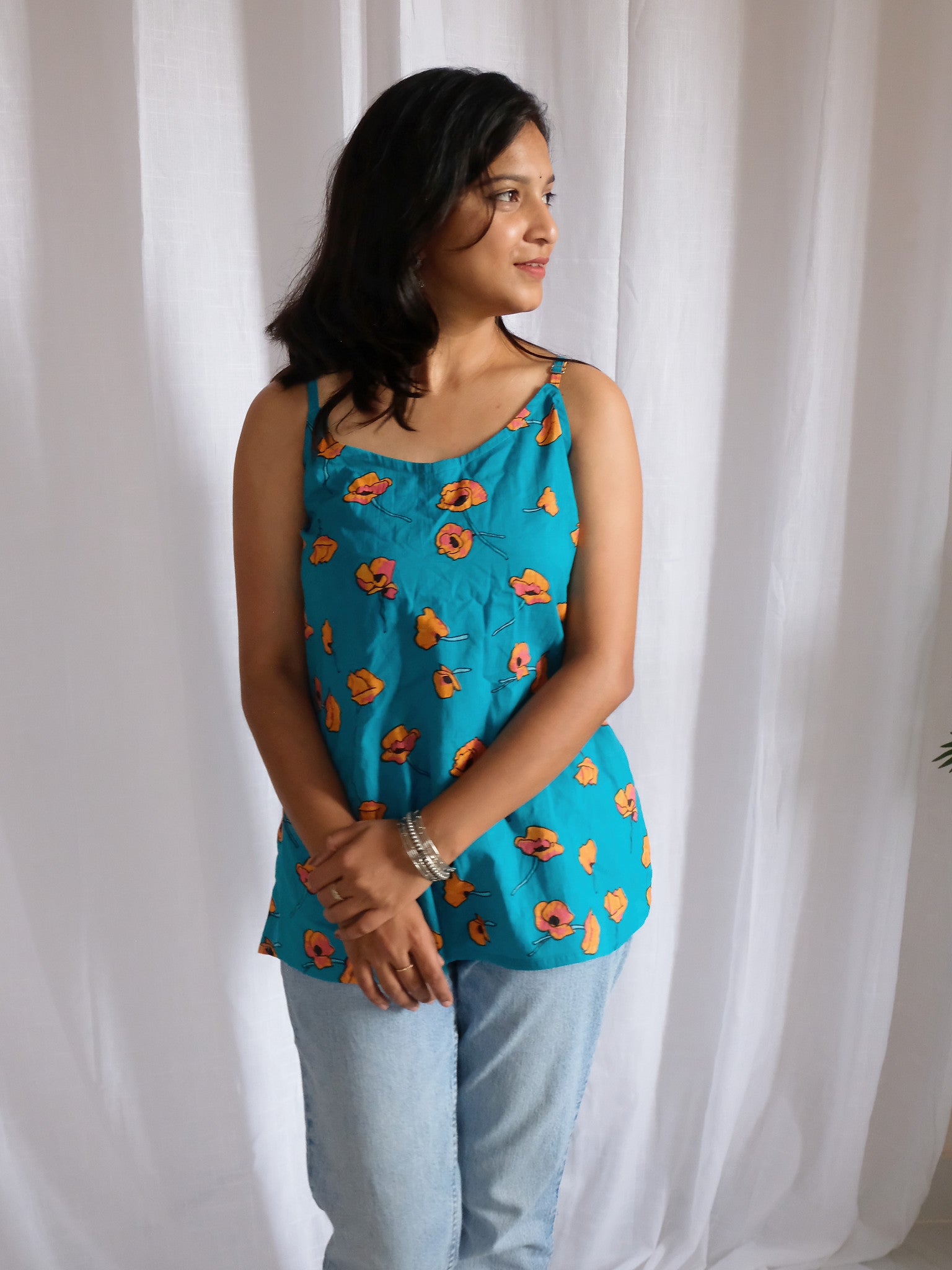Inaya Turquoise Floral Block Print Cotton Kurti with Chuppi