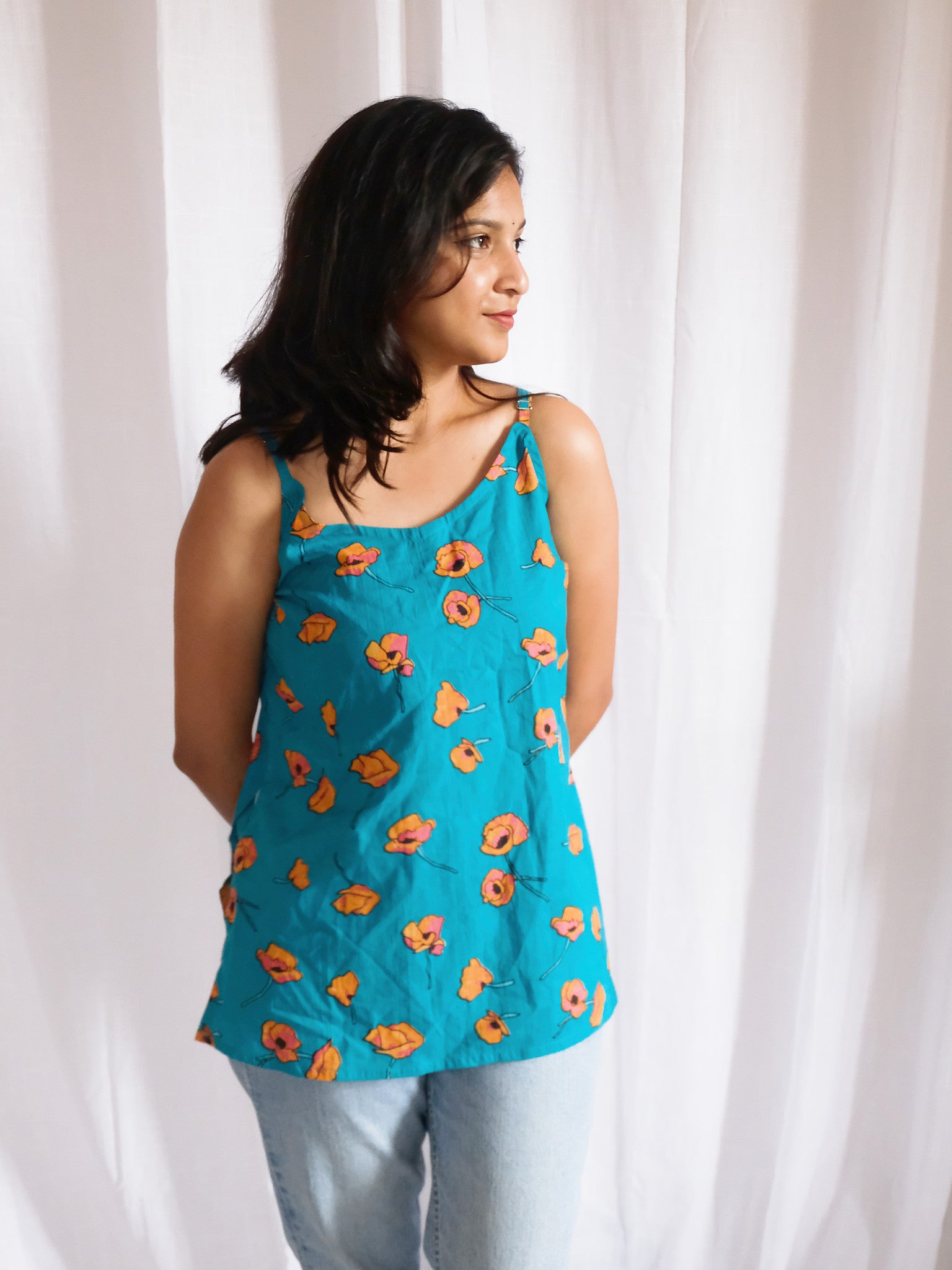 Inaya Turquoise Floral Block Print Cotton Kurti with Chuppi