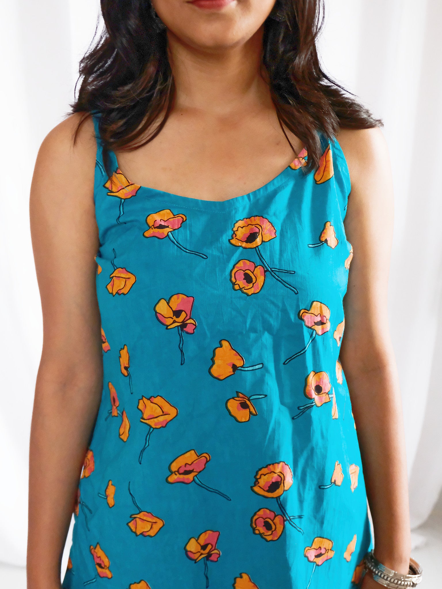 Inaya Turquoise Floral Block Print Cotton Kurti with Chuppi