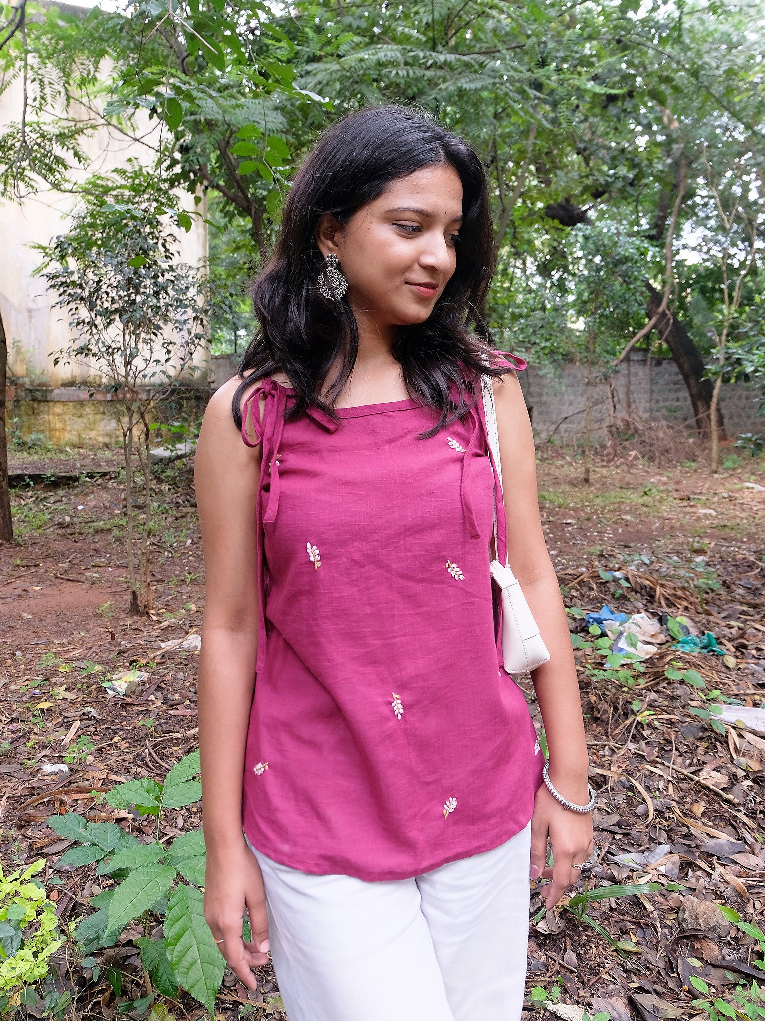Tara Magenta Floral Hand Embroidered Cotton Kurti with Chuppi