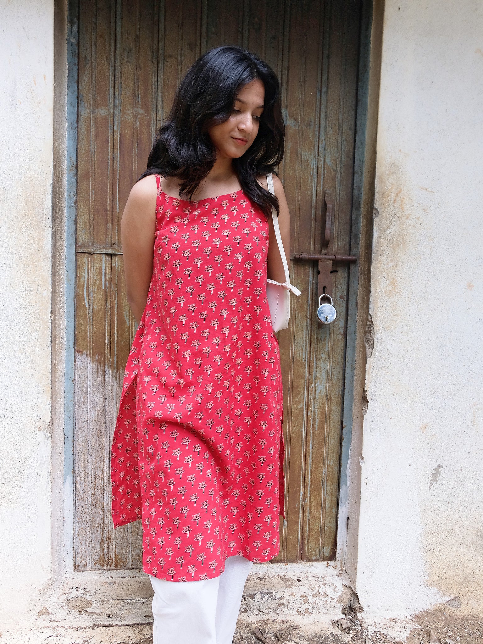 Mia Maroon Long Floral Block Print Cotton Kurti with Chuppi
