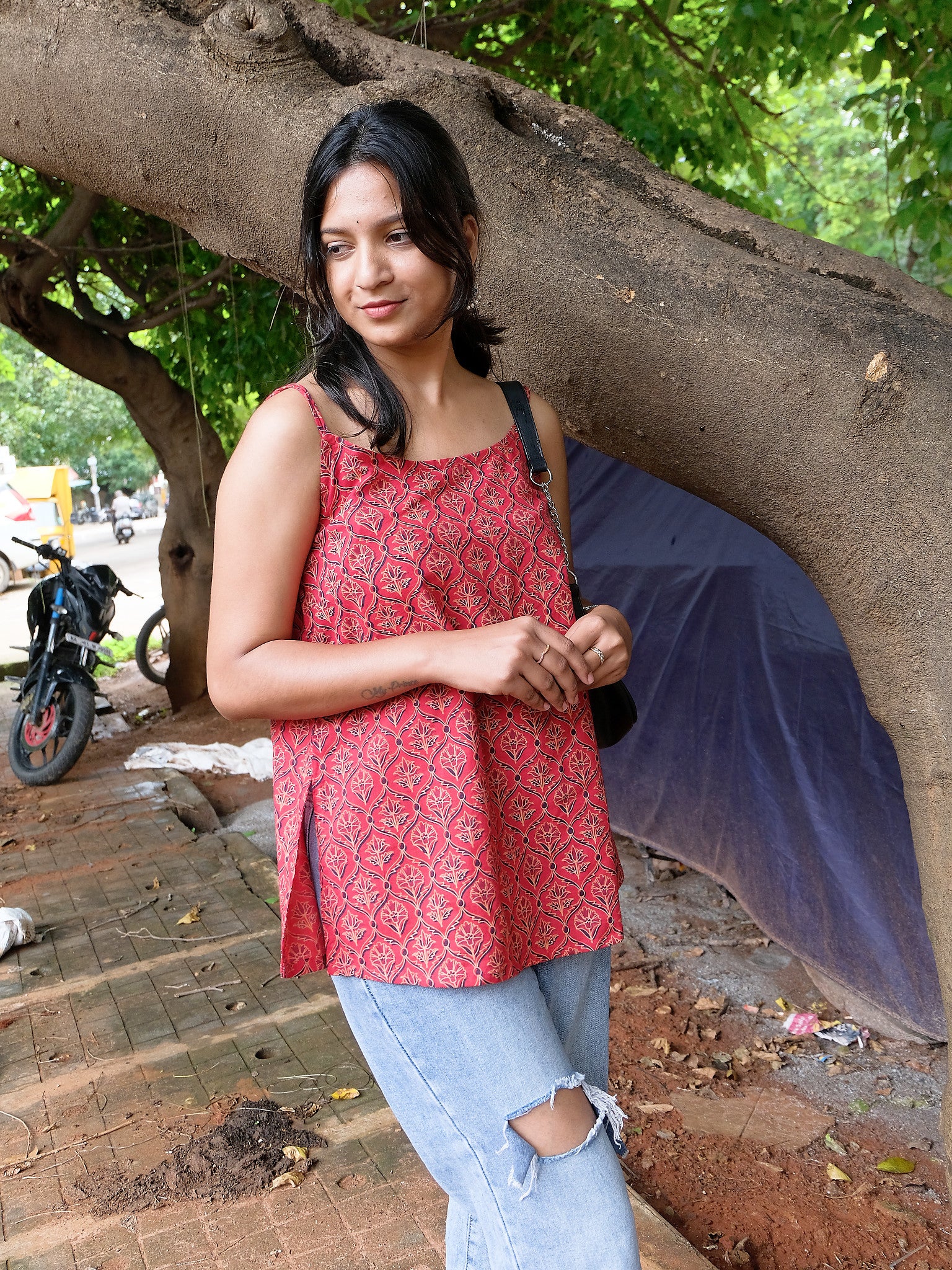 Nasrin Maroon Floral Block Print Cotton Kurti with Chuppi