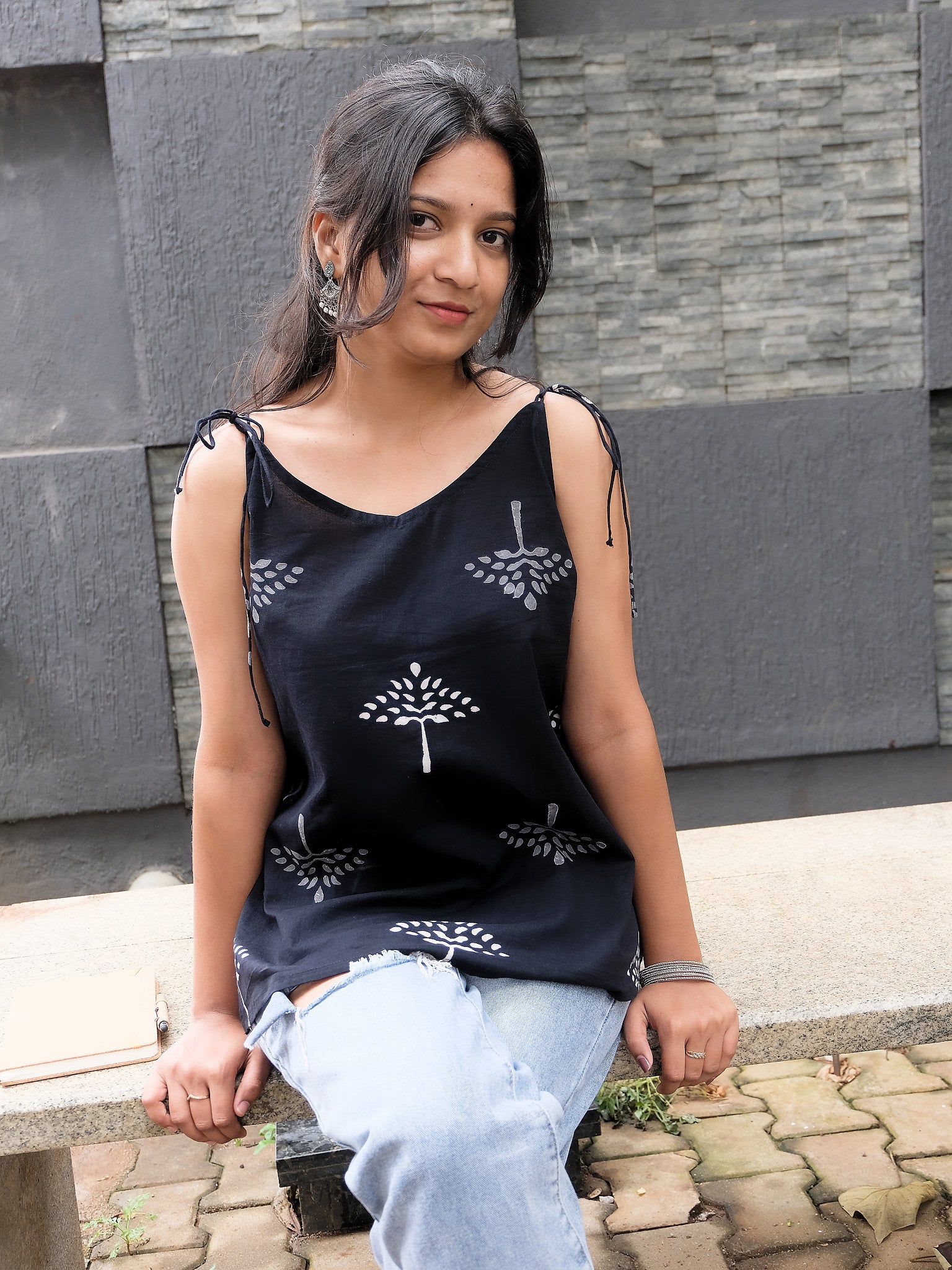 Anvi Black Floral Block Print Cotton Noodle-Strap Kurti with Chuppi