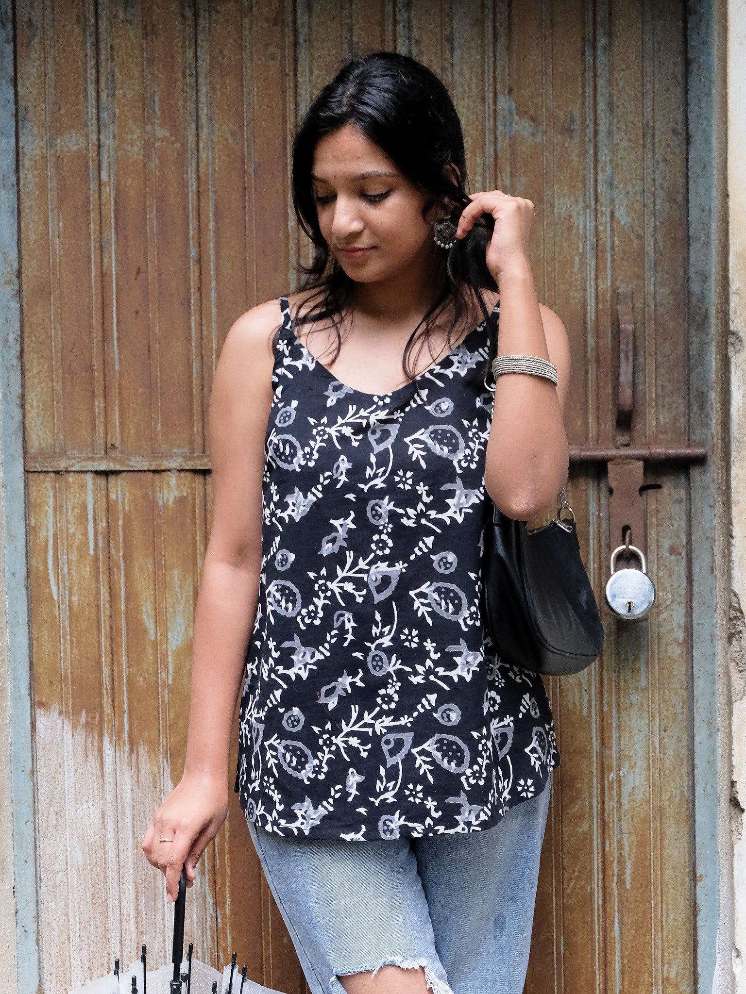Alisha Black Floral Block Print Cotton Kurti with Chuppi