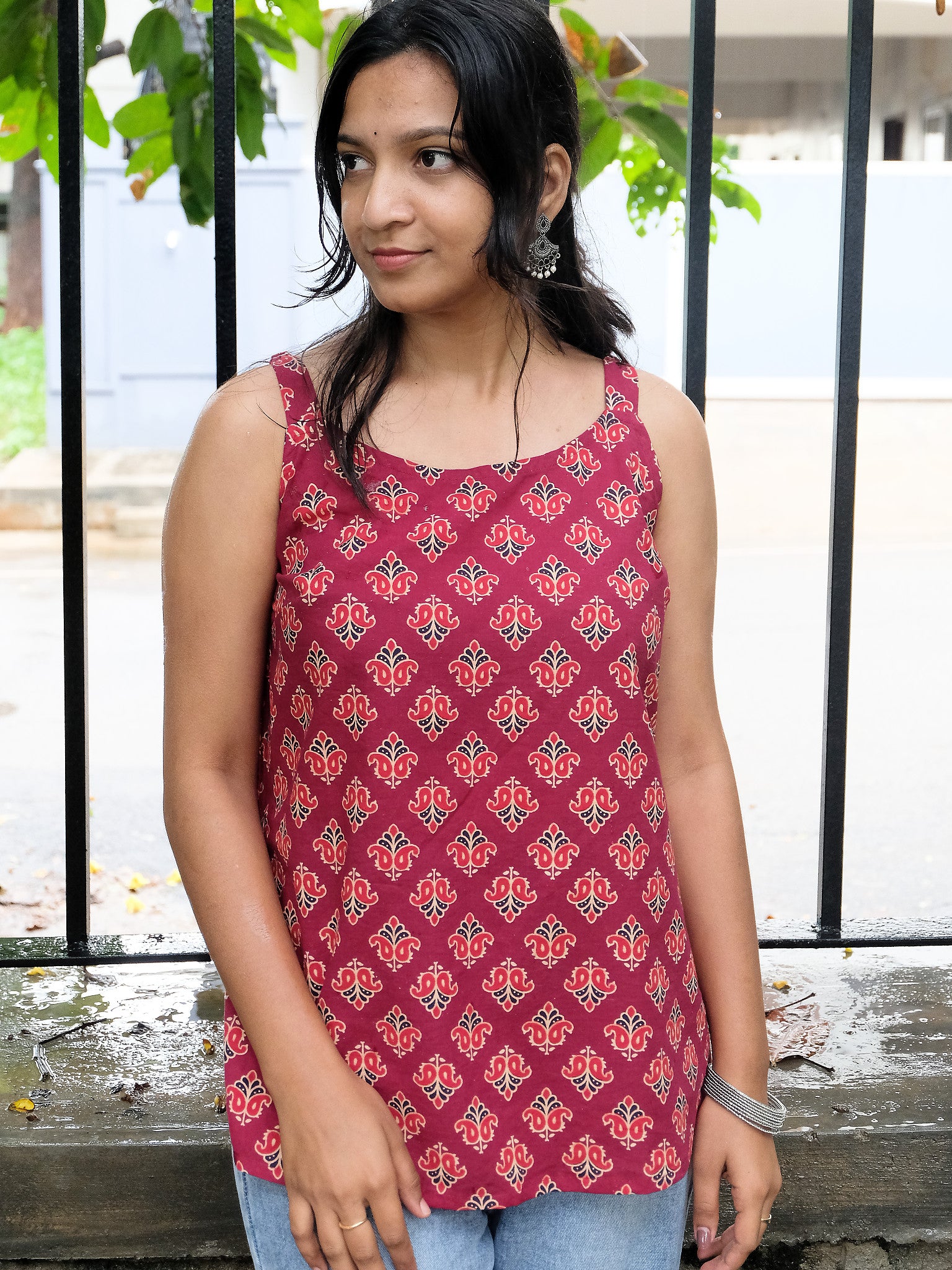 Amaira Maroon Floral Block Print Cotton Kurti with Chuppi