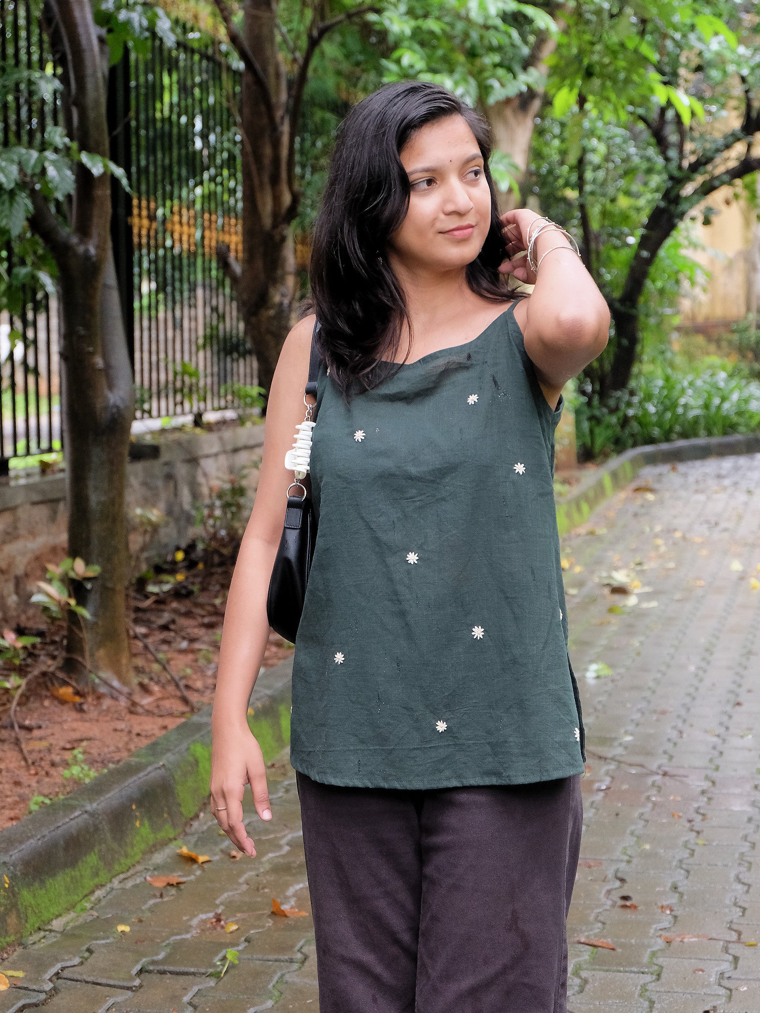 Thea Green Hand Embroidered Cotton Sleeveless Kurti with Chuppi