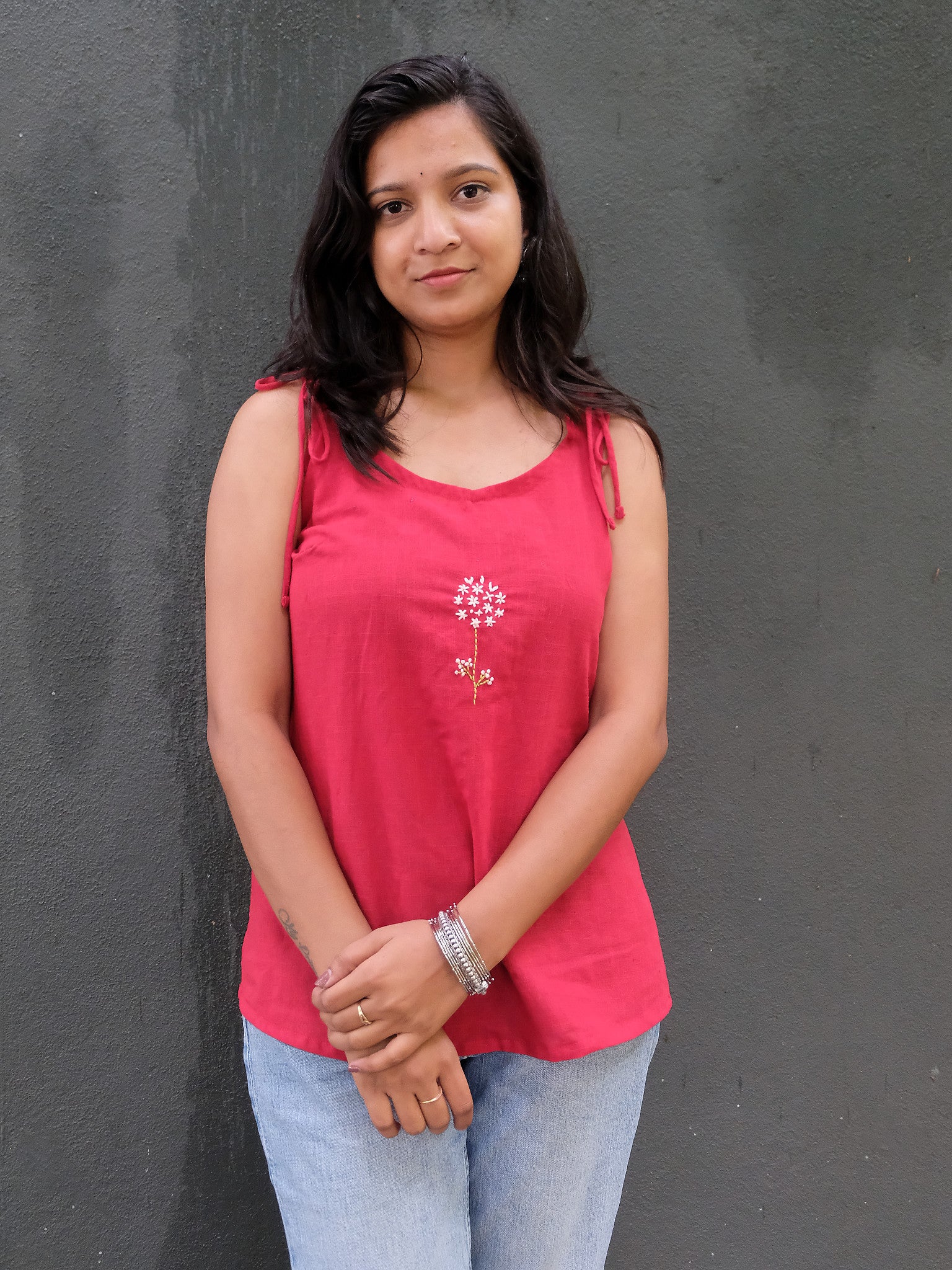 Kyra Maroon Minimal Embroidered Cotton Kurti with Chuppi